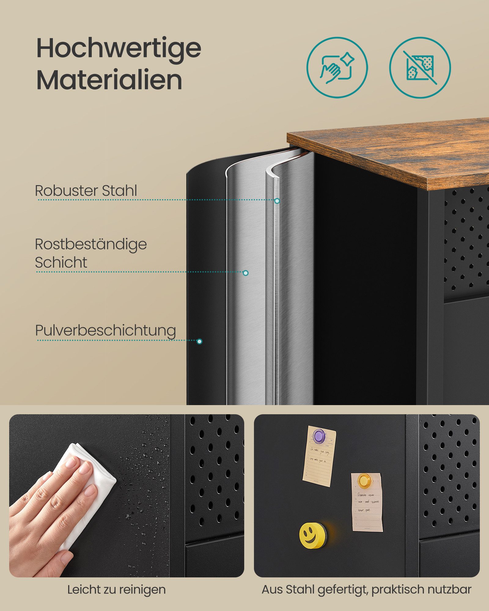 SONGMICS Aktenschrank Metallschrank, Schrank mit Doppeltür, Sideboard (Metallschrank, Schrank mit Doppeltür, Sideboard, Stahlgestell, vintagebraun-mattschwarz) Magnetverschluss, verstellbare Einlegeböden, Stahlgestell