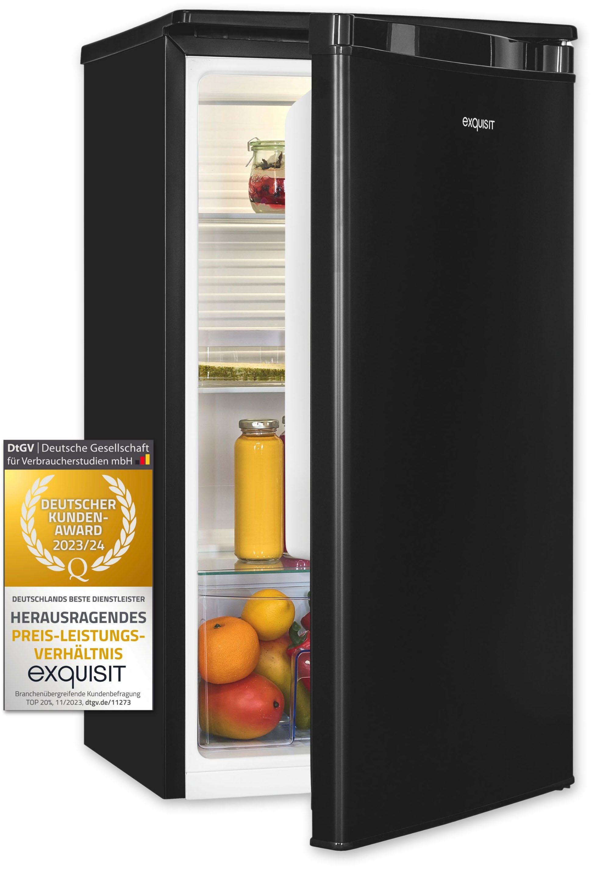 exquisit Vollraumkühlschrank KS85-V-O91E schwarz, 84,3 cm hoch, 45 cm breit, Perfekte Kühlung für Obst, Gemüse & Getränke – kompakt und vielseitig