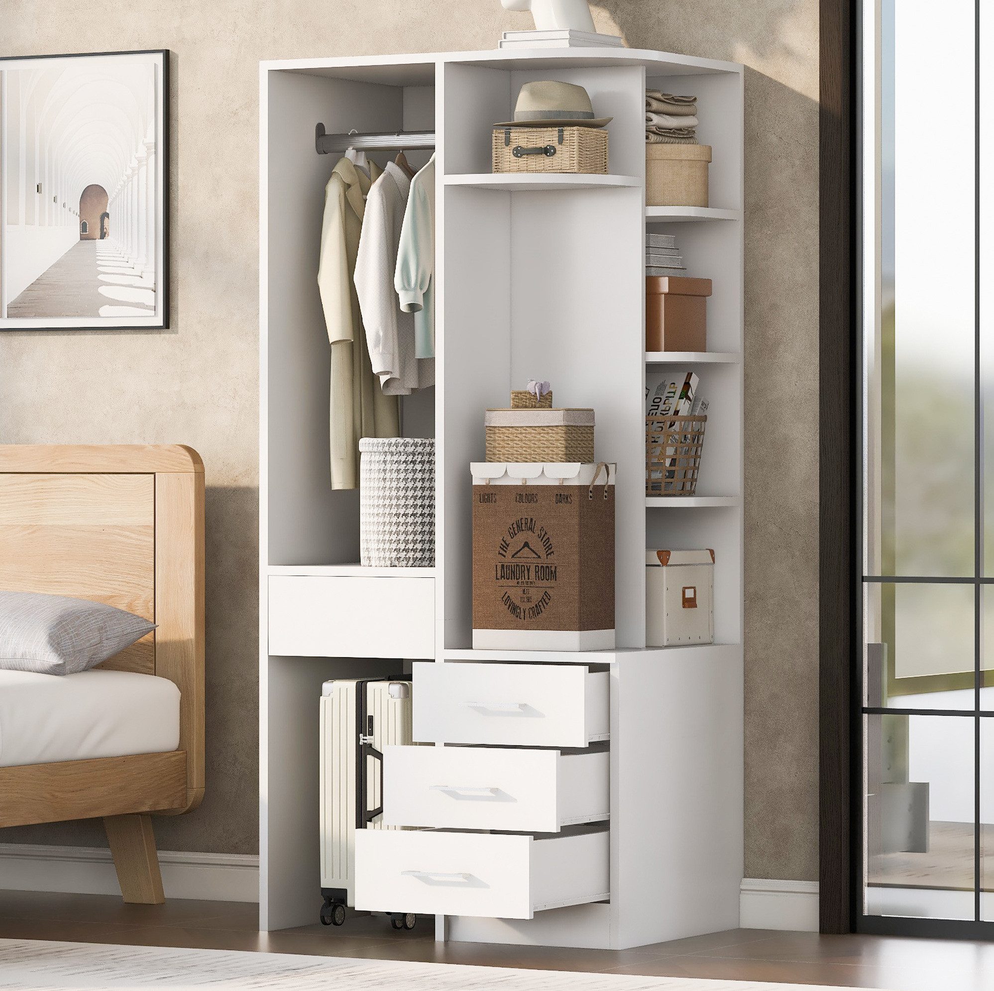 OKWISH Kleiderschrank Garderobenschrank (Schrank mit mehrstöckigen Ablagefächern und großer Kleiderstange, geräumiger Aufbewahrungsschrank, für Schlafzimmer und Jugendzimmer 70 × 55 × 175 cm)