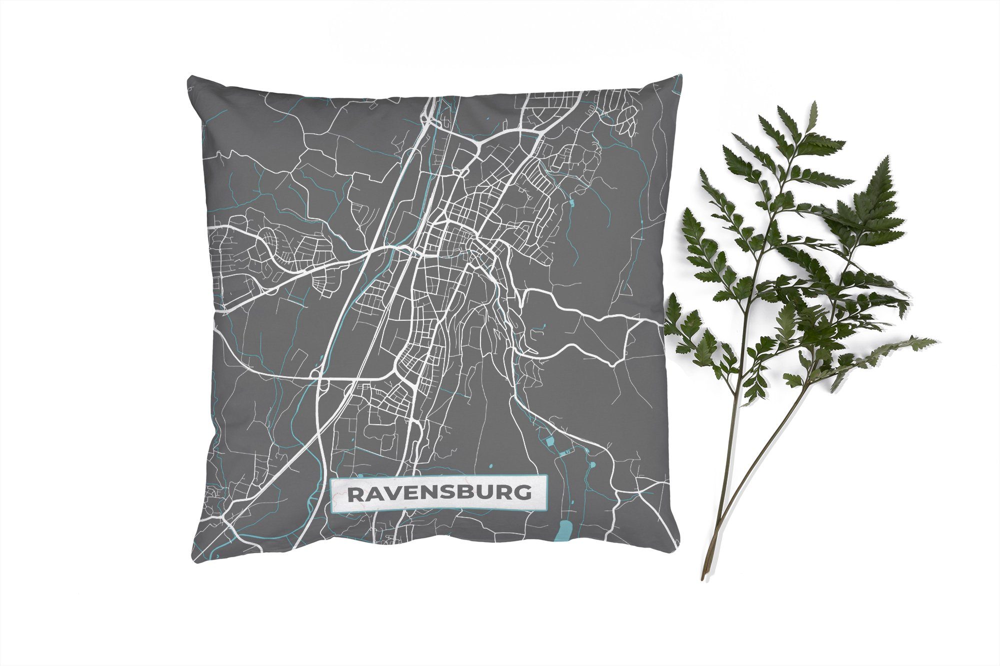 MuchoWow Dekokissen Blau - Deutschland - Karte - Stadtplan - Ravensburg, Zierkissen mit Füllung für Wohzimmer, Schlafzimmer, Deko, Sofakissen