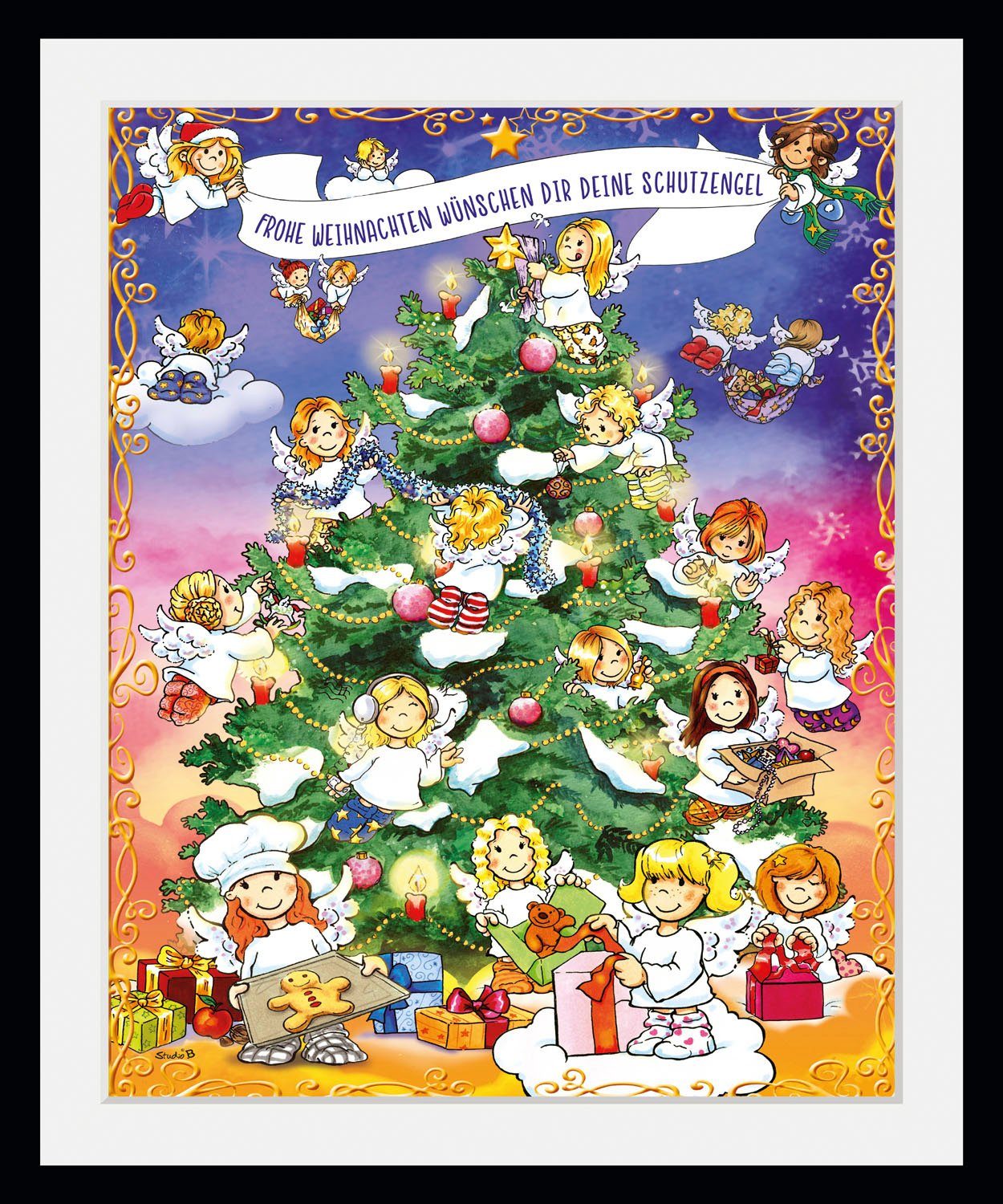 queence Bild Christmas Tree, Engel, Schriftzug, Schriftzüge, Tannenbaum, Weihnachten, Weihnachtsbaumkugeln (1 St), HD Premium Poster-Druck inkl. Holzrahmen