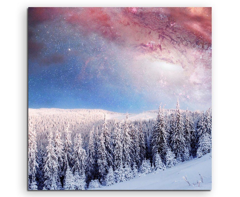 Sinus Art Leinwandbild Landschaftsfotografie – Sternenhimmel über  verschneitem Wald auf Leinwand exklusives Wandbild moder
