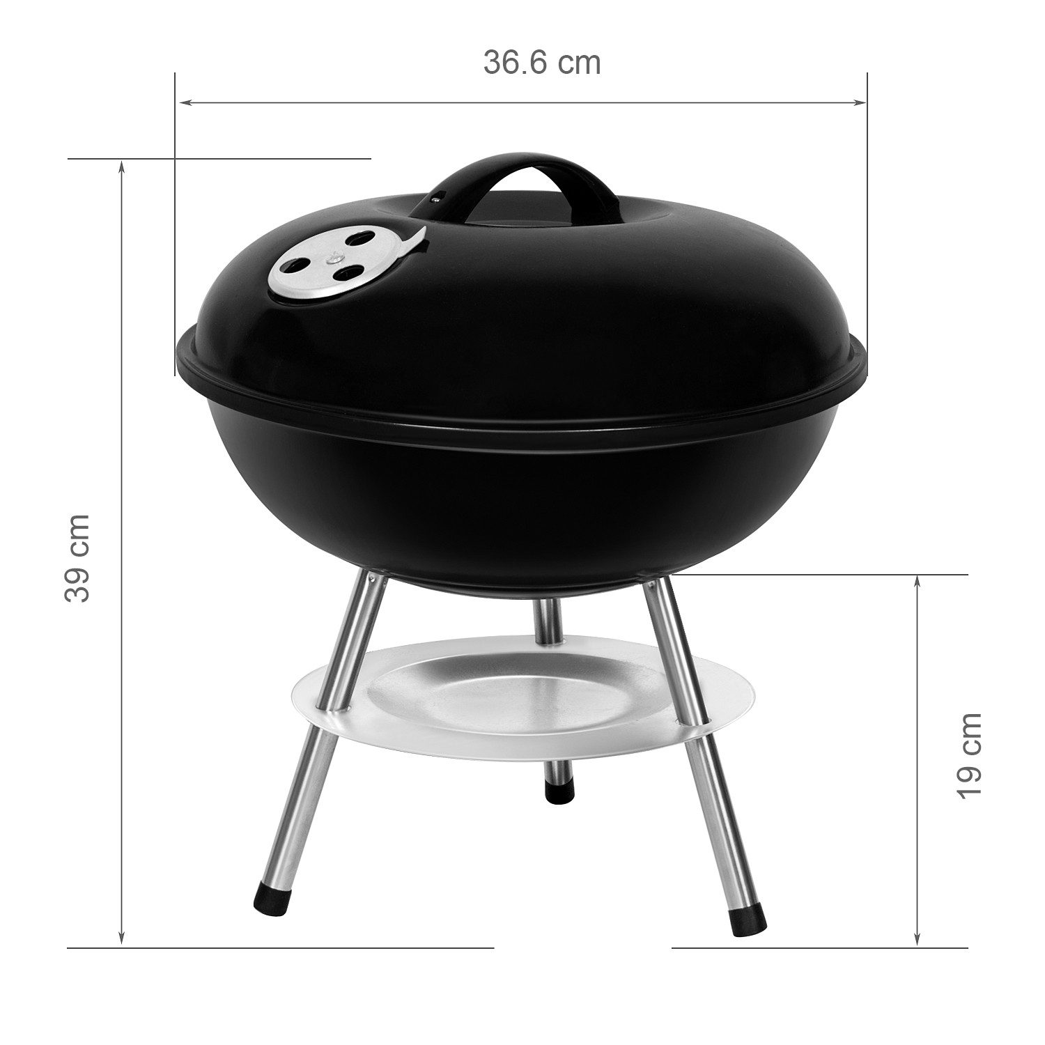 SunJas Holzkohlegrill Kugelgrill Campinggrill CA-60 mit Luftventilen Deckel und Rädern, Ø36,6cm Geeignet für 3-5 Personen, BBQ Grills XL Standgrill Grillwagen Rundgrill kohlegrill