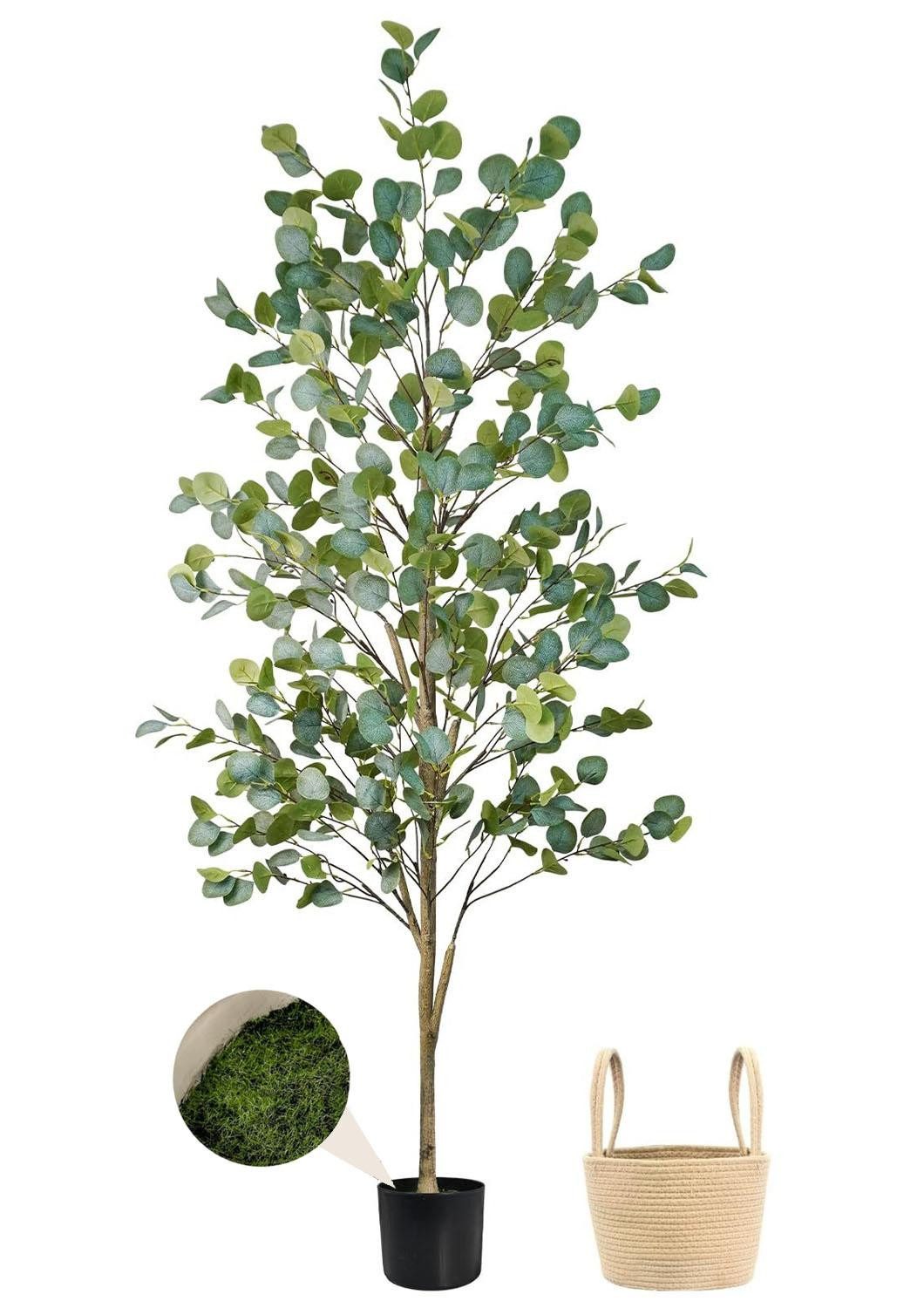 Kunstbaum 180 cm Künstlicher Eukalyptusbaum geruchlos mit Topf & Korb -Kunstbaum Kunstpflanze Eukalyptus mit künstlichem Moos-Geruchlos, Pflegeleicht, Stabil, Pflegefrei für Innen & halboffene Bereiche, SURFOU, Höhe 180 cm, Schlafzimmer, Wohnzimmer, Büros, Einkaufszentren, Hotels, Restaurants