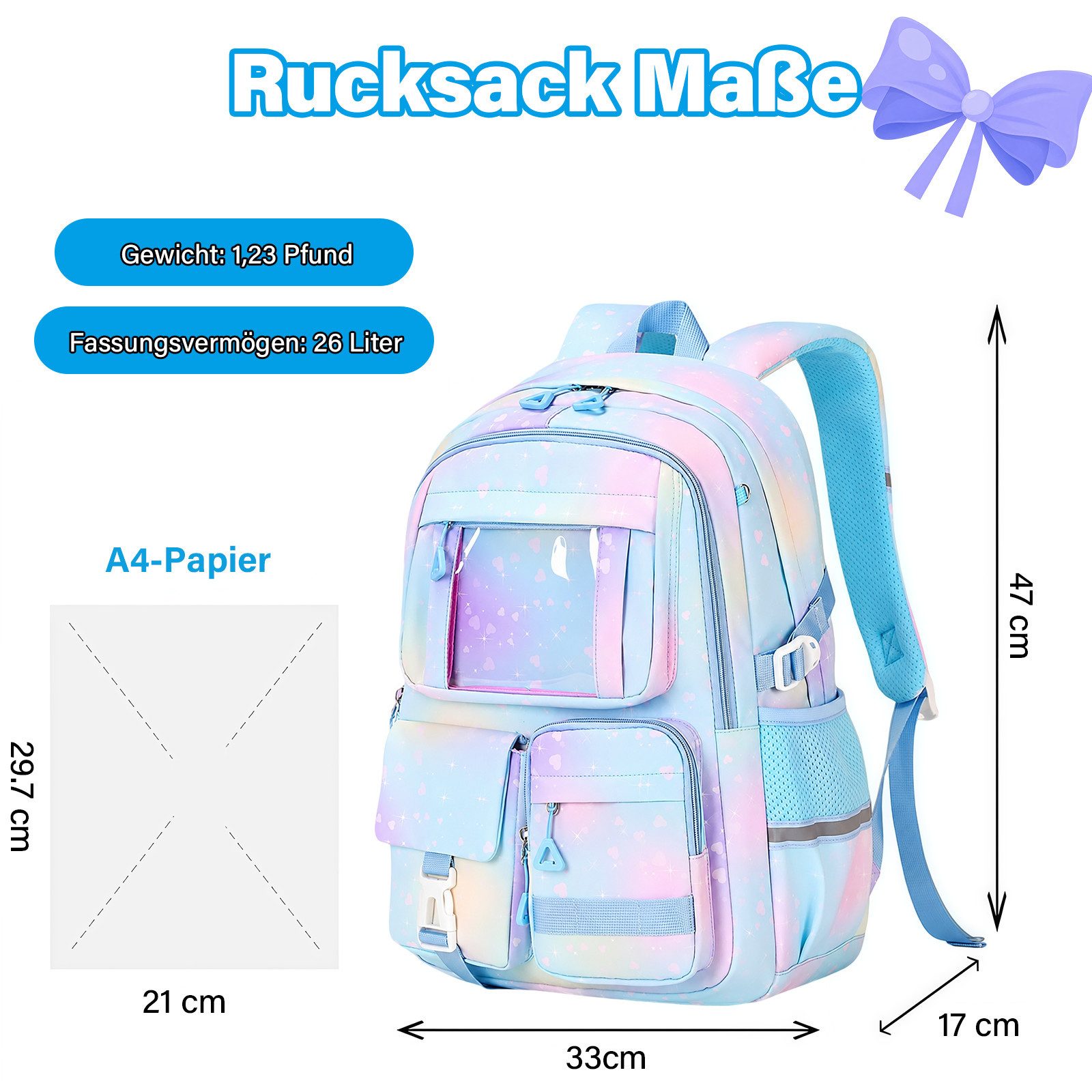 MOPUEA Schulrucksack Schulrucksack Rucksack Schultasche Büchertasche Wasserdicht (Mädchen Lässiger Schulranzen, Atmungsaktiv), Multi-Tasche Freizeitrucksack für – Bild 2 von 5