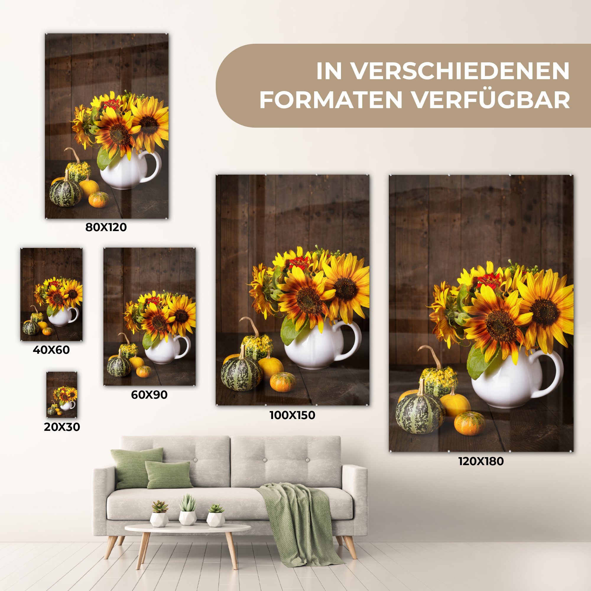 Kürbisse - Foto St), MuchoWow Wandbild - Bilder (1 Herbst, auf Acrylglasbild - auf - Glas Glas Glasbilder Sonnenblumen Wanddekoration -