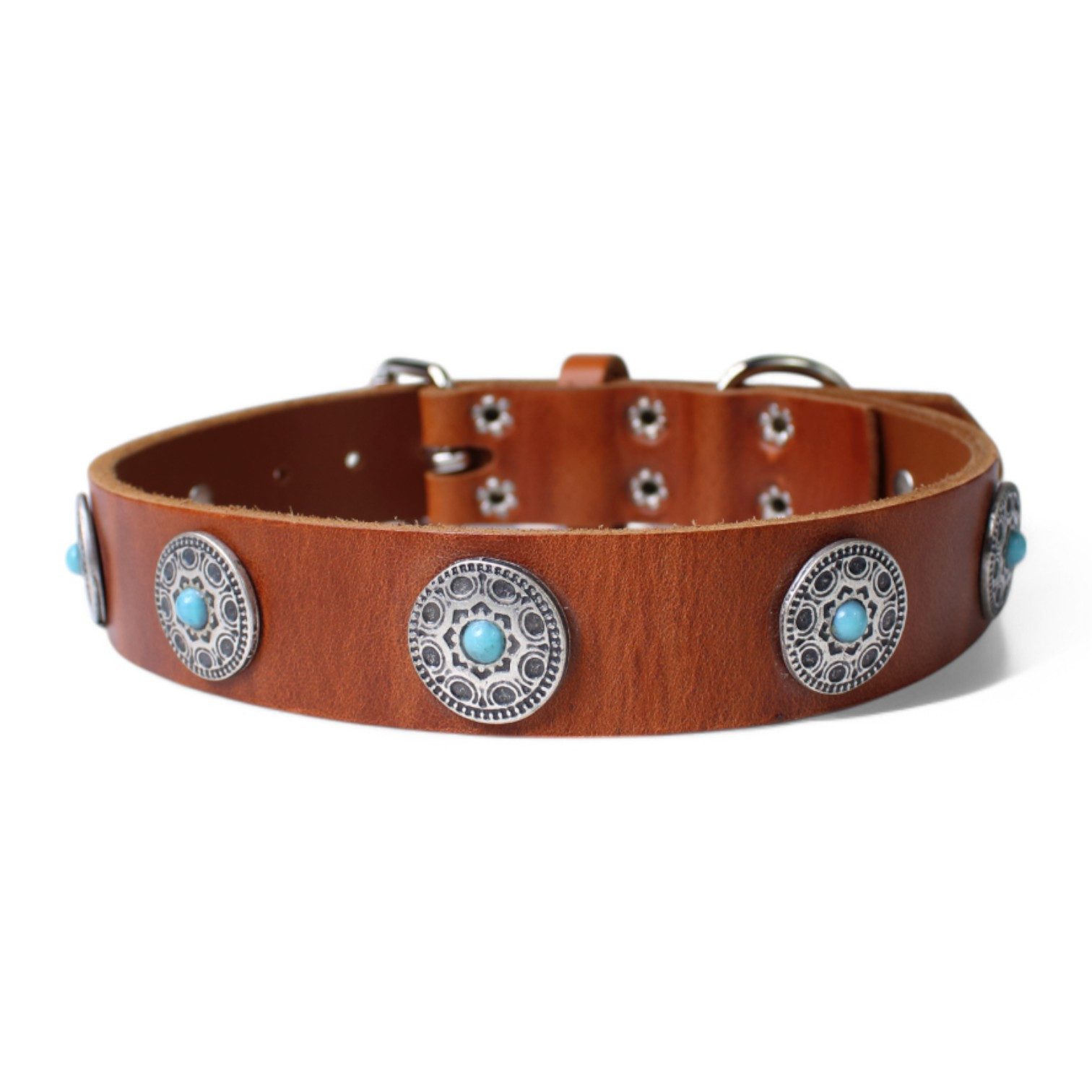 FRONHOFER Hunde-Halsband 18684, Echtleder, robustes Naturleder im Vintage Stil, mit türkisen Zierteilen