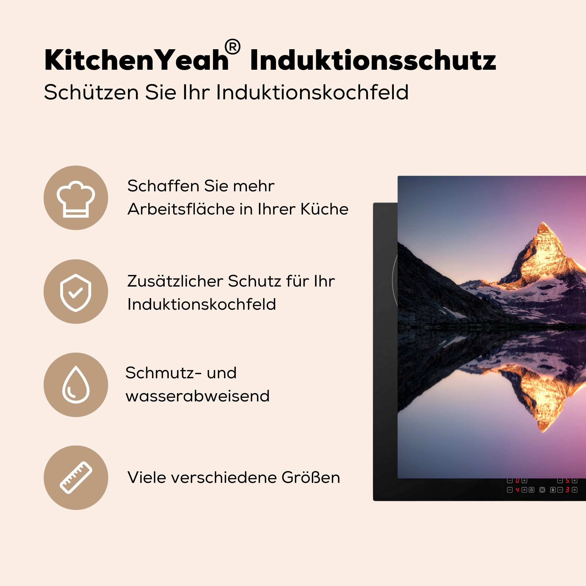 MuchoWow Herdblende-/Abdeckplatte Matterhorn bei Sonnenaufgang Schweiz, tlg), Ceranfeldabdeckung, (1 in 78x78 Riffelsee Vinyl, der cm, küche für vom Arbeitsplatte