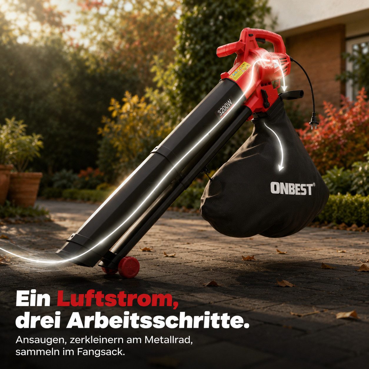 Onbest Elektro-Laubbläser LV3245 3in1 Laubsauger Laubhäcksler, 10:1 Mulchen, 45L Fangsack, 3200W – Bild 5 von 5