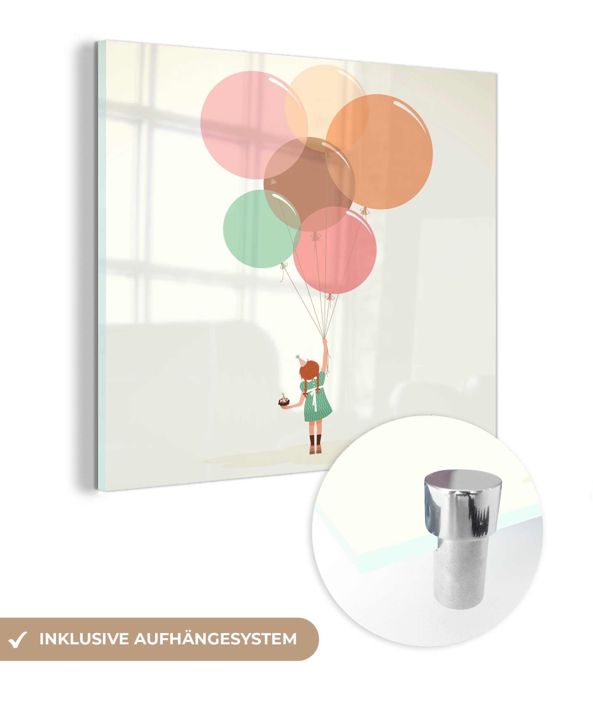 MuchoWow Acrylglasbild Kindheitsillustration eines Geburtstagskindes mit Luftballons, (1 St), Glasbilder - Bilder auf Glas Wandbild - Foto auf Glas - Wanddekoration