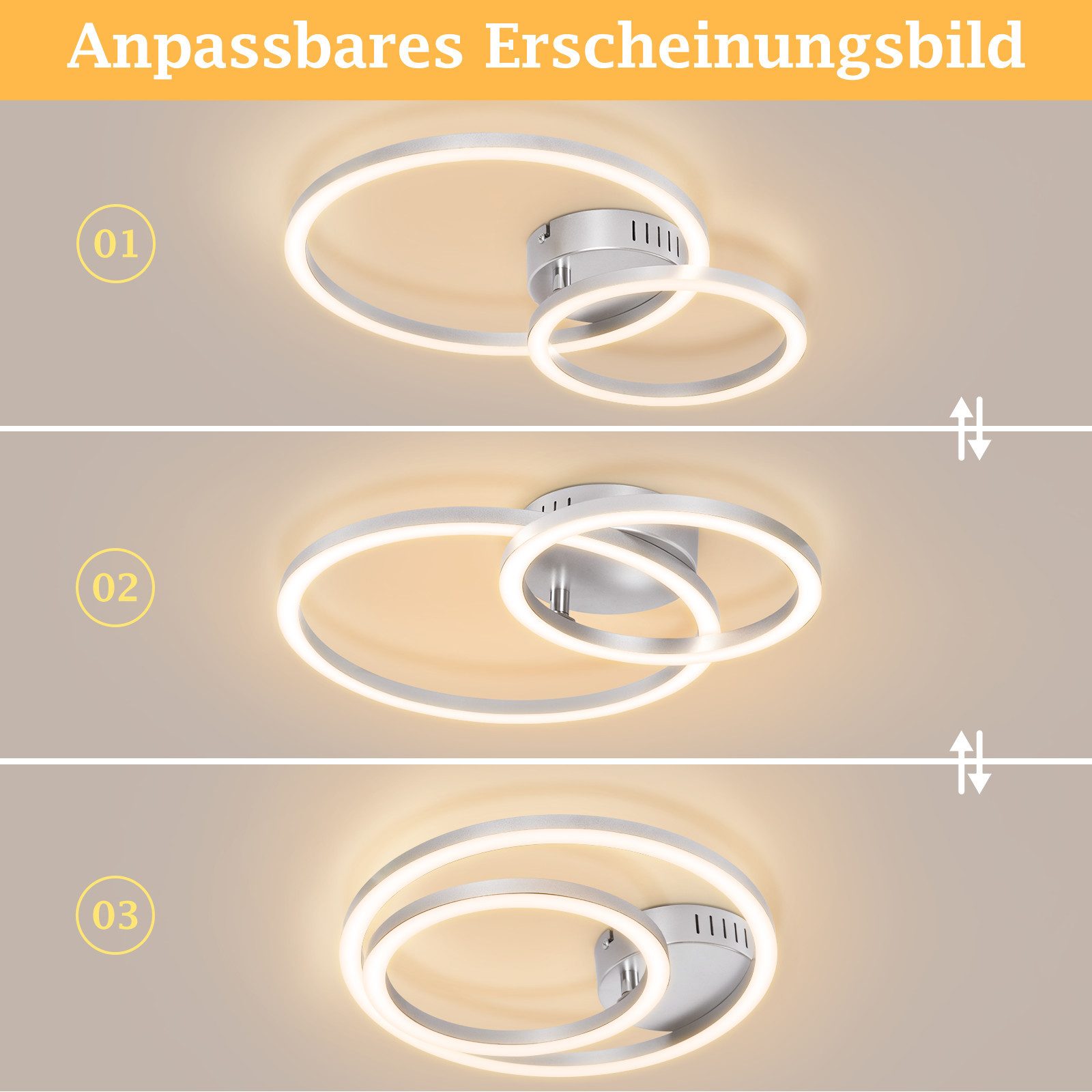 Nettlife LED Deckenleuchte Wohnzimmer 2 Ringe Schwarz/Weiß/Silber Modern 23W Deckenlampe 40.5CM, Nicht dimmbar, LED fest integriert, Warmweiß, für Wohnzimmer Schlafzimmer Flur Büro Balkon Küche