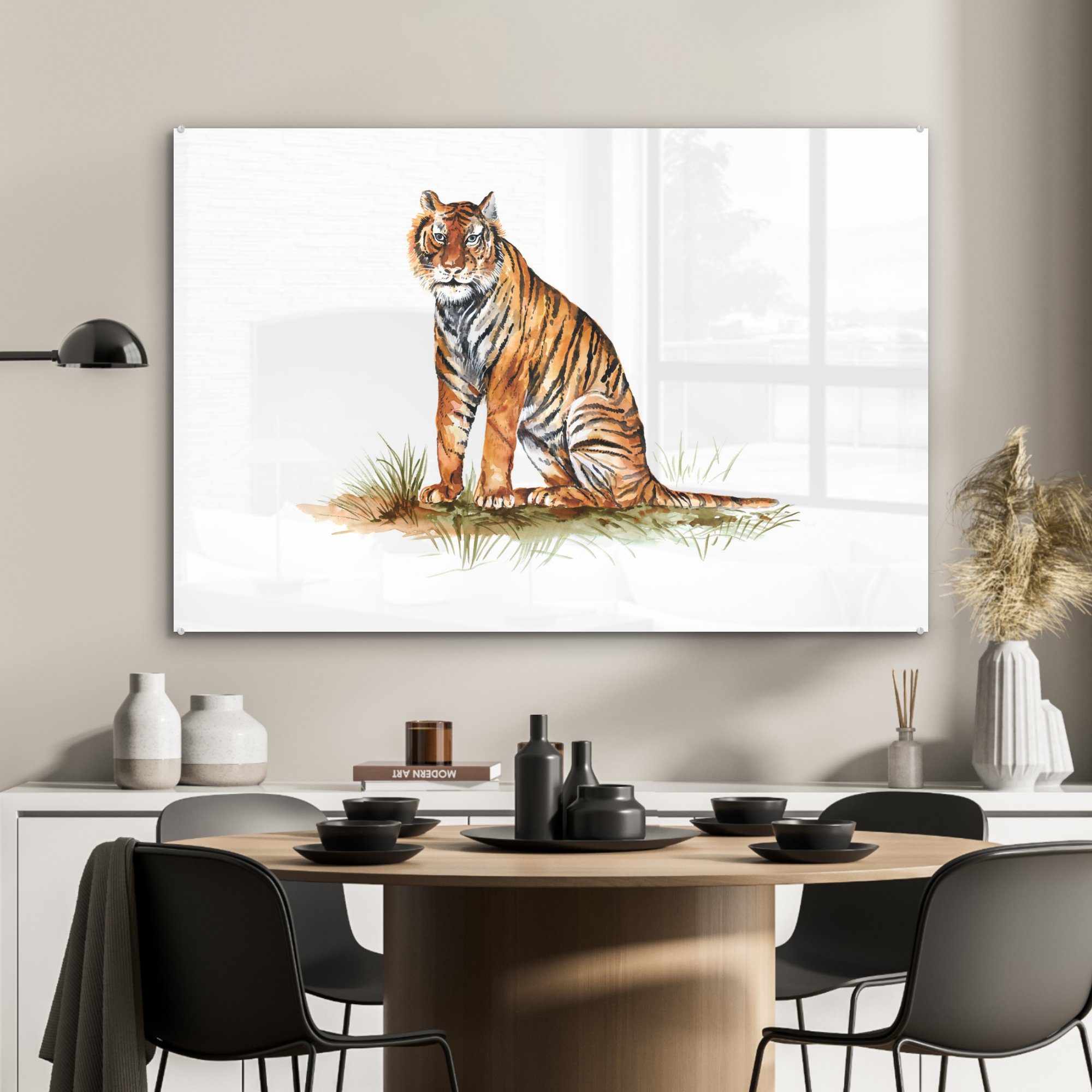 - MuchoWow & Acrylglasbild Gras St), Wohnzimmer (1 Schlafzimmer - Orange, Acrylglasbilder Tiger