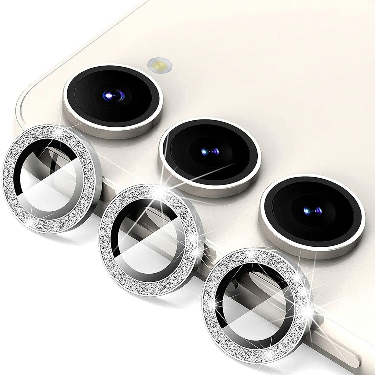 Wigento Handyhülle Für Samsung Galaxy S25 Plus Aluminium Glitzer Ring Kamera Glas Silber, Kameralinsenschutz mit Metallring, gehärtetes Glas