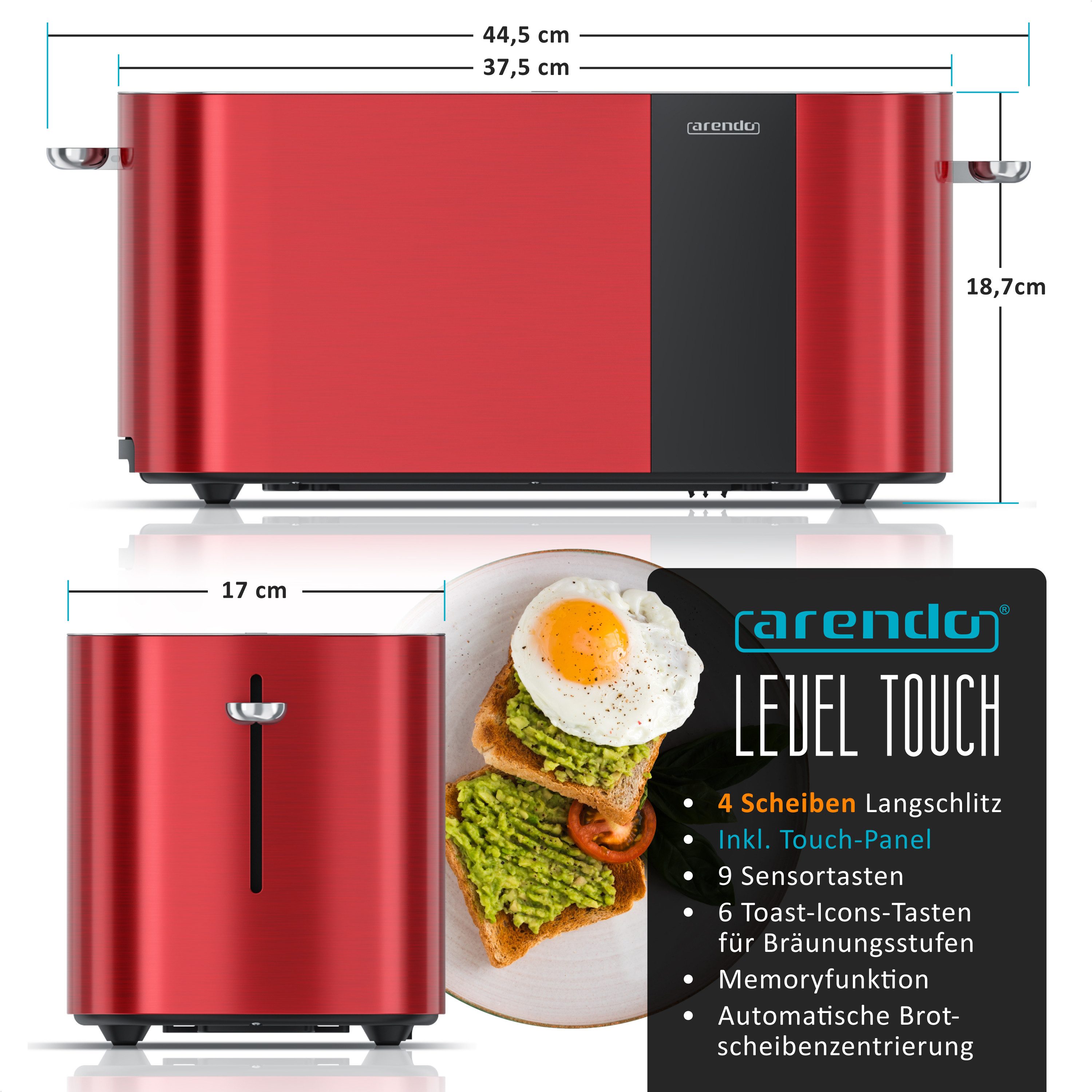 Arendo Toaster Edelstahl, Langschlitz, Touch Display, Restzeit & Bräunungsgradanzeige, 2 lange Schlitze, für 4 Scheiben, 1500 W, Brötchenaufsatz, Wärmeisoliert, Toast-Symbole für Bräunungsgradauswahl