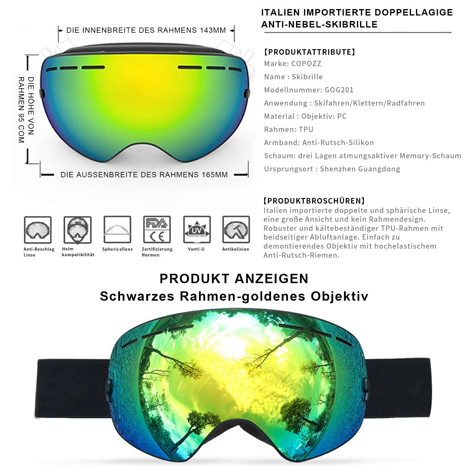 Rosnek Snowboardbrille Doppellagige Linse, magnetisch, Rot Männer Skifahren Frauen, UV400, Anti-Beschlag (1-St), für