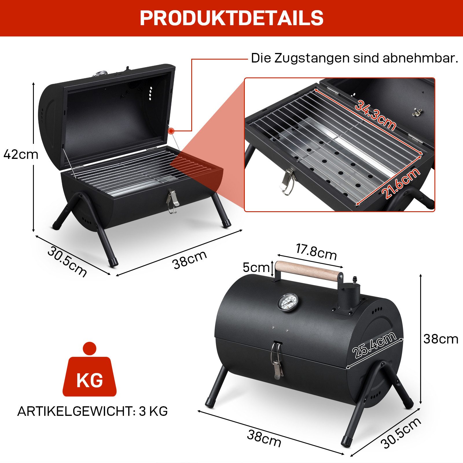 LALAHO Holzkohlegrill Tragbarer mit Deckel, Temperaturregelung, Tischgrill Klappgrill für Camping, Garten, 38x30.5x38cm – Bild 5 von 5