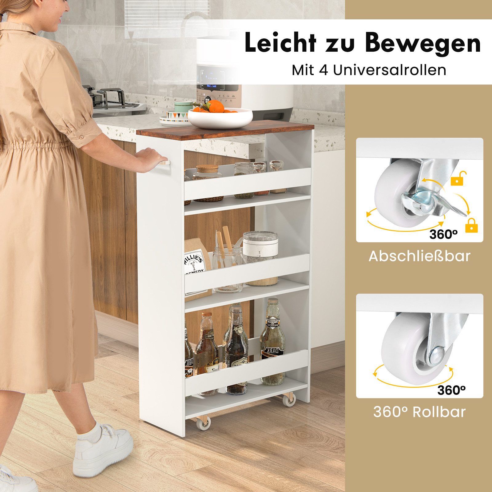 COSTWAY Küchenwagen schmal, Nischenwagen 4 Ebenen, auf Rollen, 47,5x20x80,5cm
