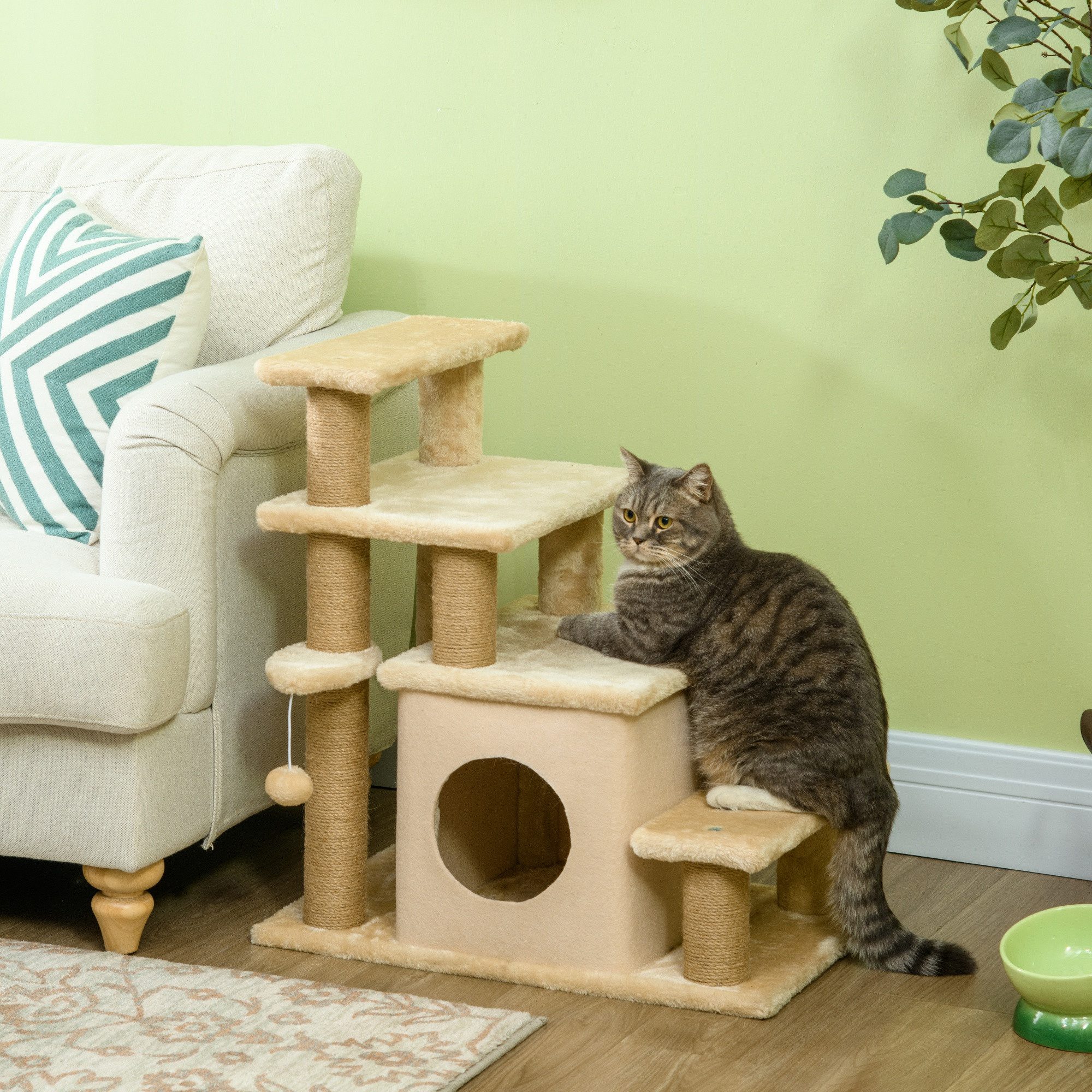 PawHut Haustiertreppe Hundetreppe 3/4 Stufen 66 cm Hoch Einstiegshilfe (Katzentreppe, 1-St., Hunderampe), Aufstiegshilfe für Katzen bis 5 kg, Beige von PawHut