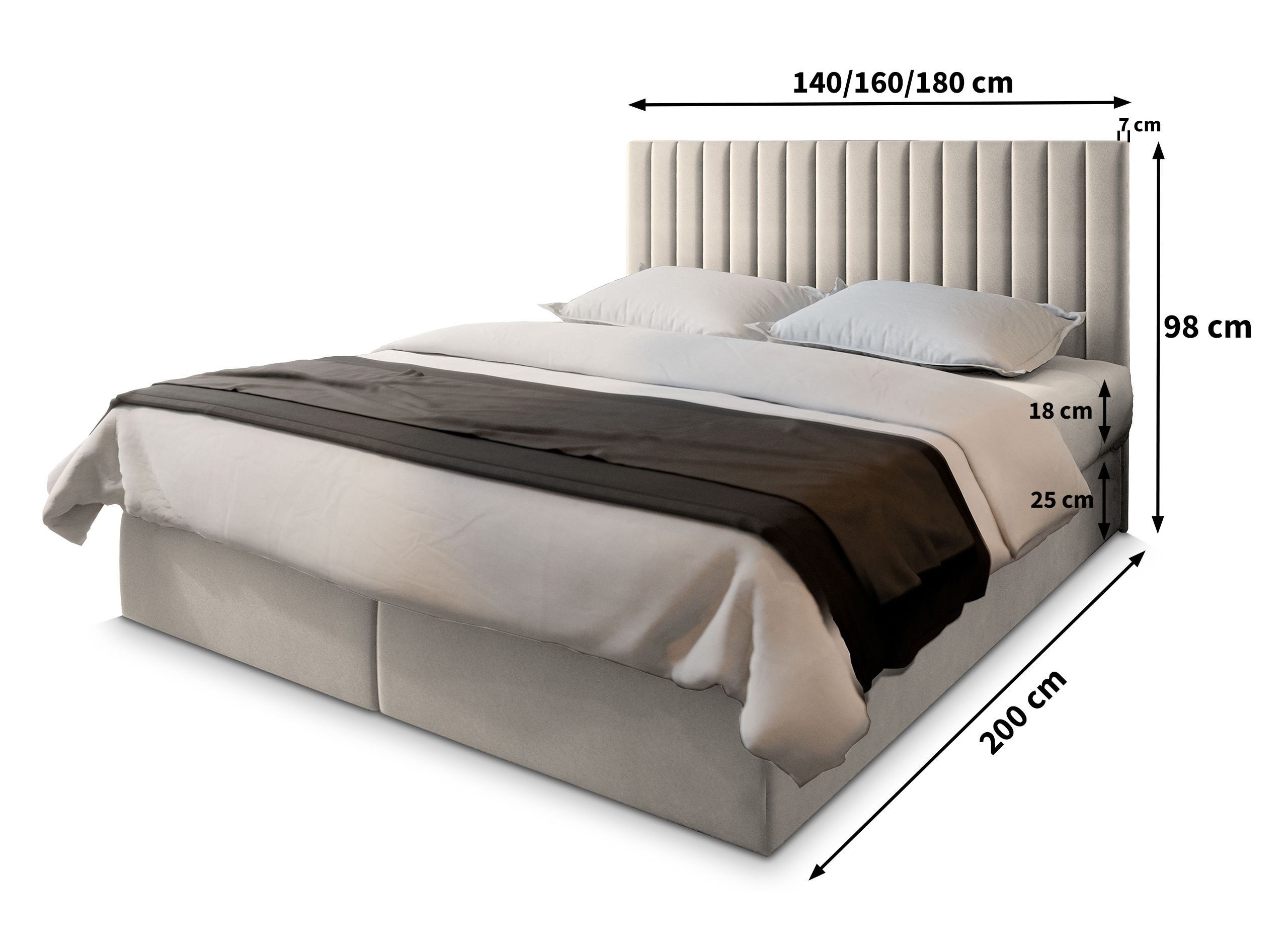 Masseno Boxbett BRES 140x200 cm mit Bonell Matratze und Topper, Doppelbett, Polsterbett mit Kopfteil, Boxspringbett – Bild 4 von 5