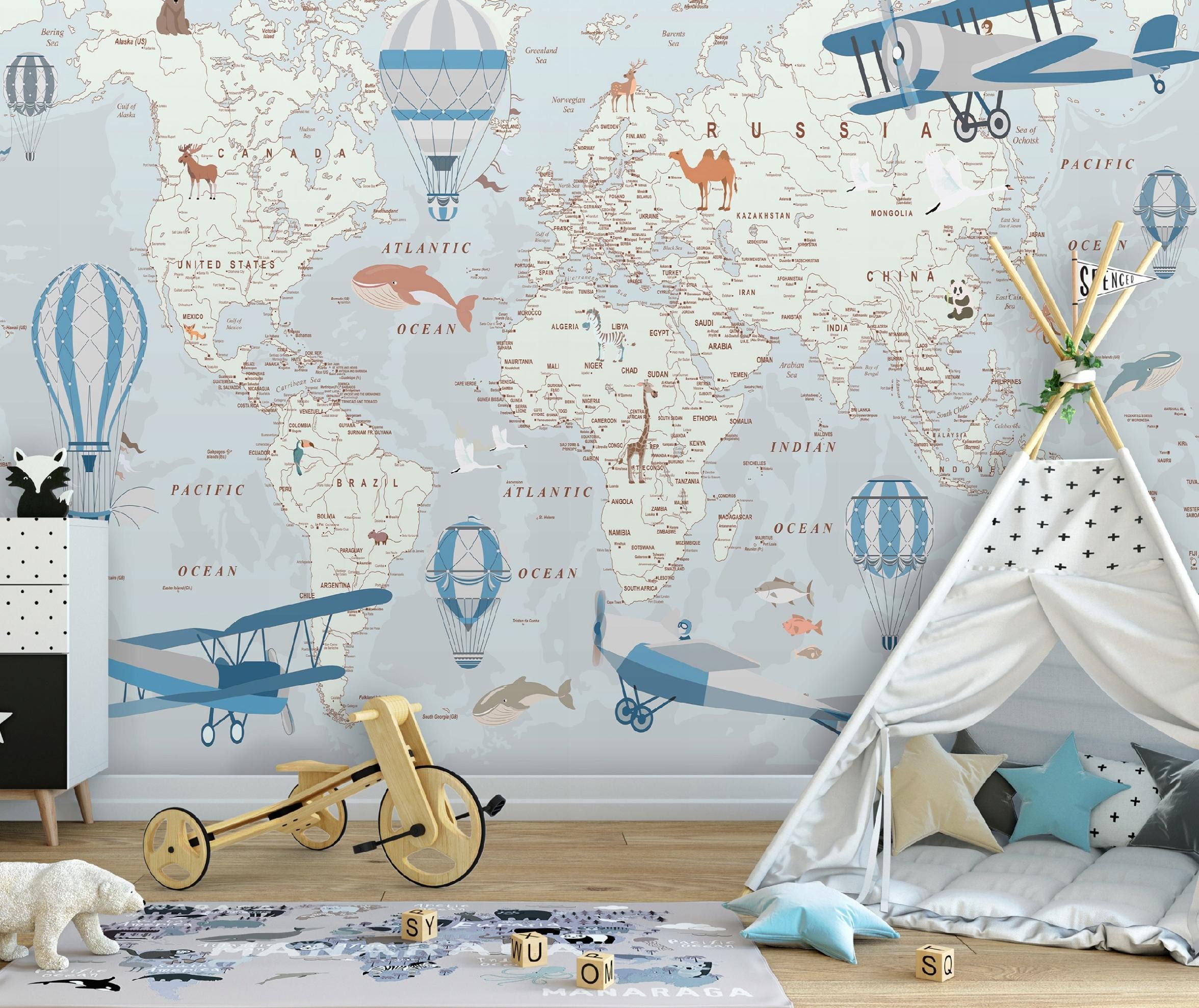 Wallarena Fototapete Weltkarte abwaschbar strapazierfähig Kinderzimmer 368x254 cm, glatt, 254 x 184 cm