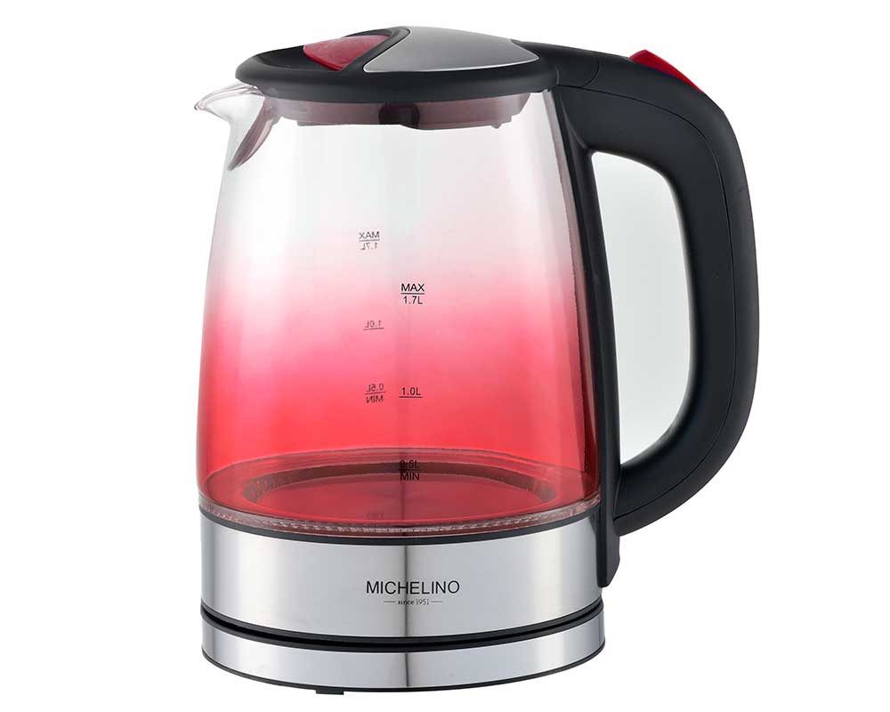 Michelino Wasserkocher 1,7 L Glaswasserkocher LED Beleuchtung Koch-Trocken-Schutz, rot, 1700 l, 2200 W, 360° drehbarer Sockel
