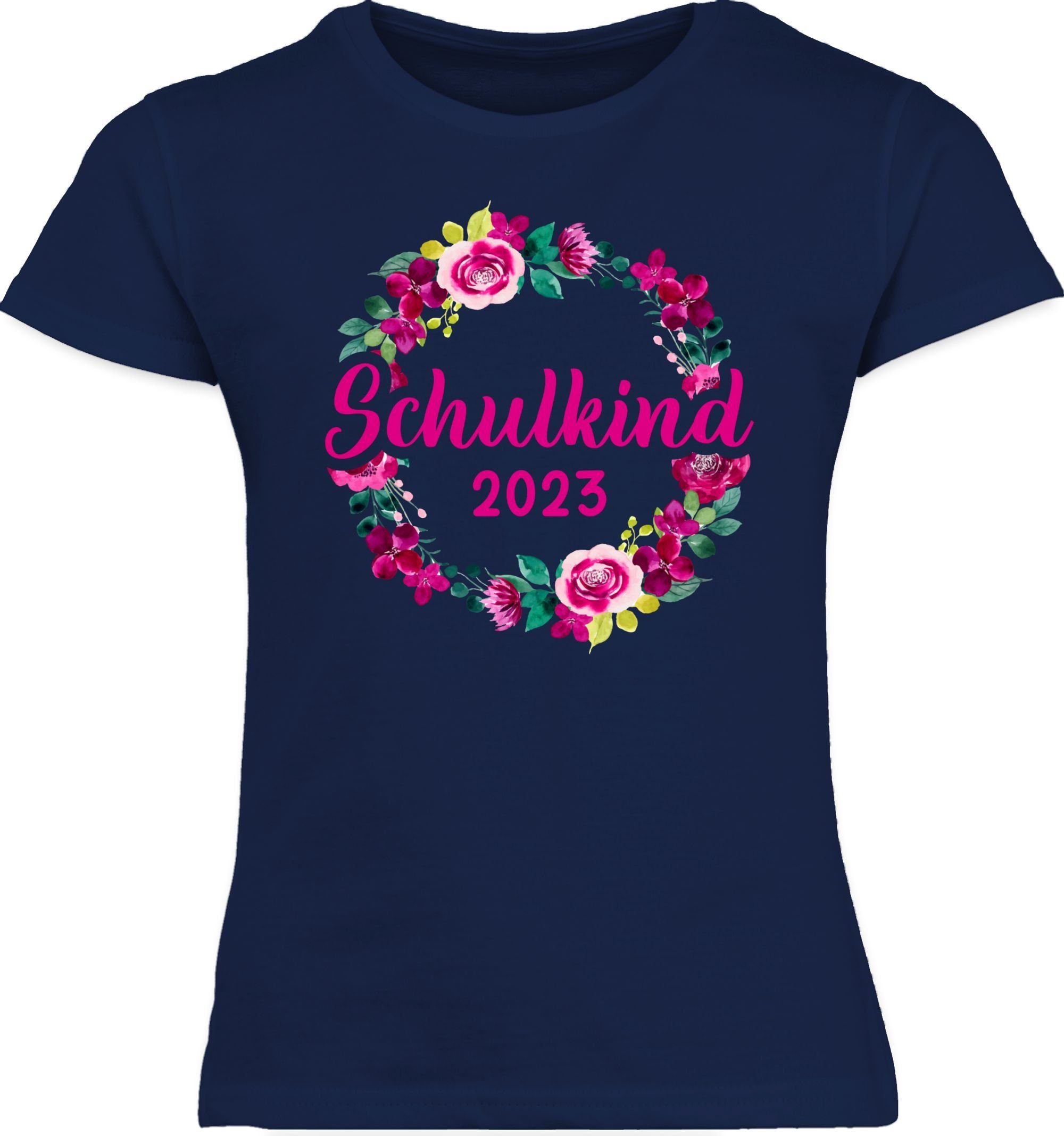 Mädchen Schulkind Blumenkranz Navy T-Shirt 2023 1 Shirtracer Einschulung Blau