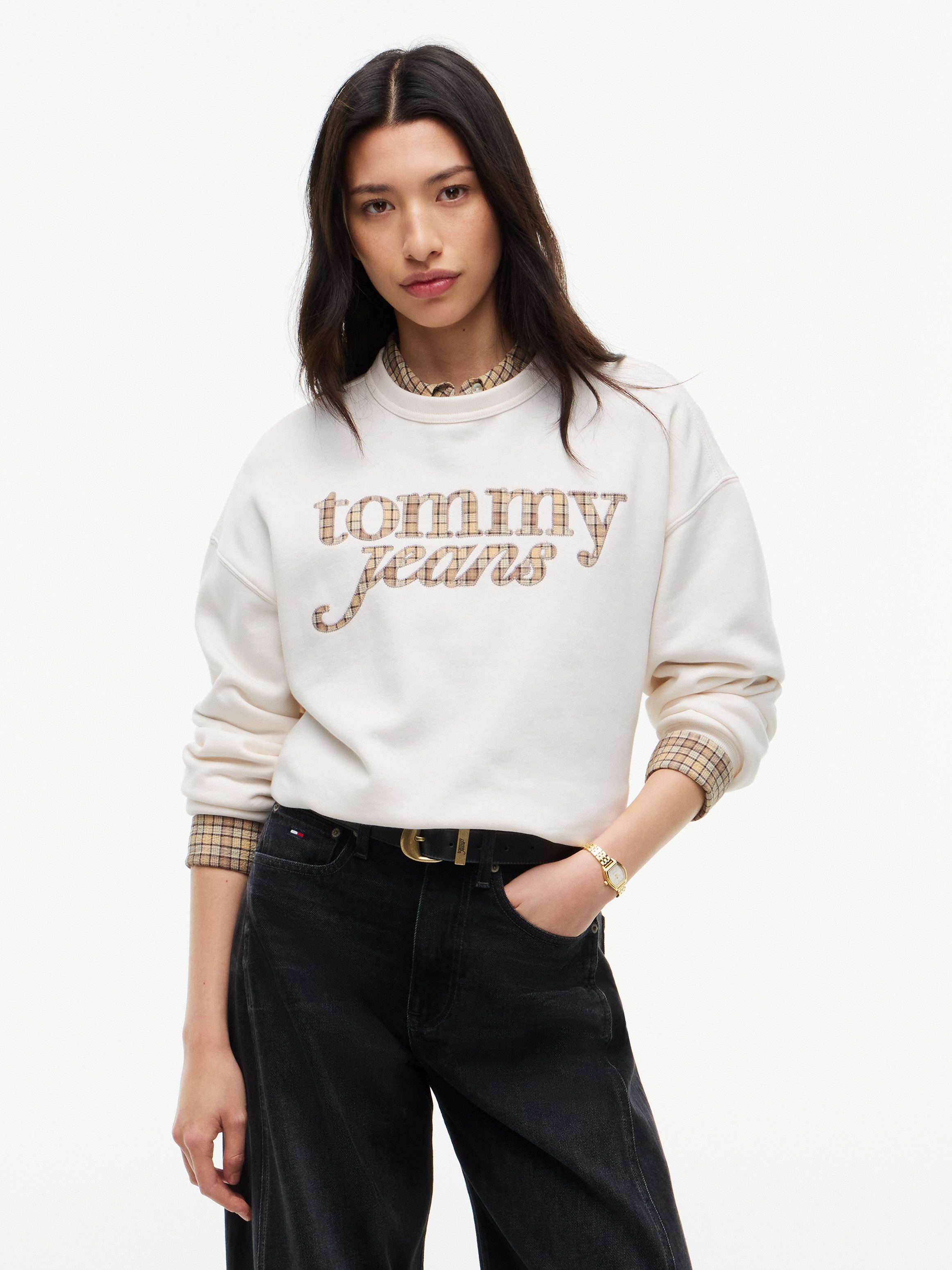 Tommy Jeans Sweatshirt TJW BXY CHECK SCRIPT CREW Baumwollmischung