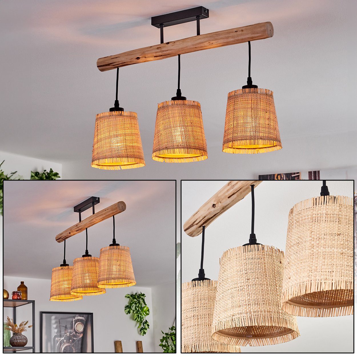 hofstein Deckenleuchte moderne Deckenlampe aus Holz/Metall/Bast günstig online kaufen