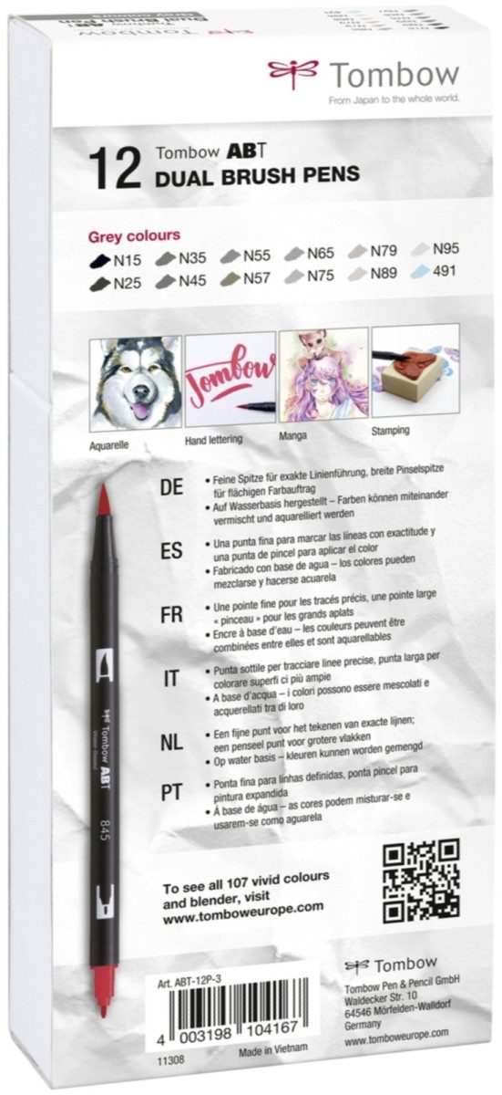 TOMBOW Filzstift Dual-Fasermaler ABT mit Rundspitze/Pinselspitze Wasserbasis Grautöne V