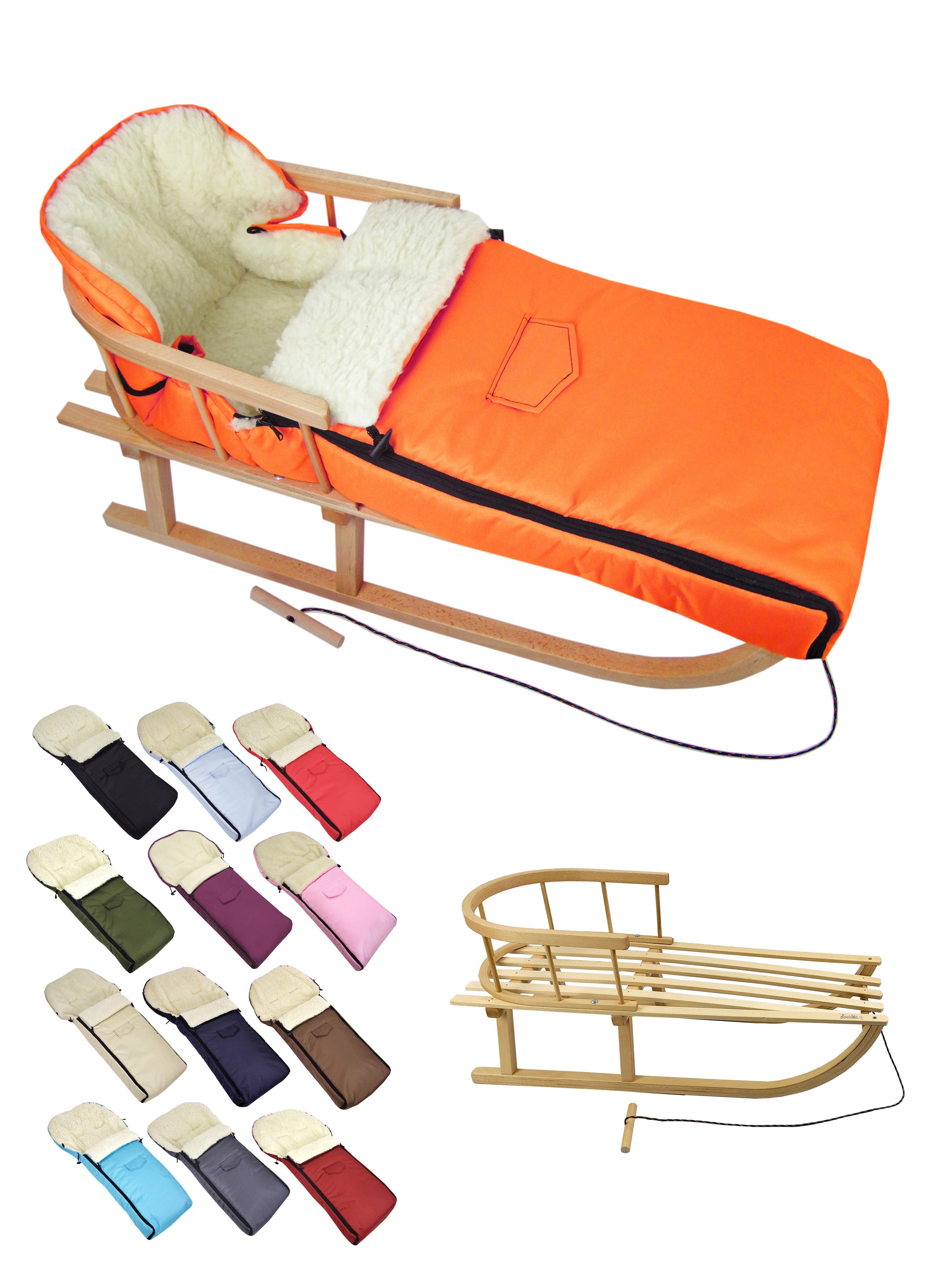 BambiniWelt by Rafael K. Санчата CE-HOLZSCHLITTEN mit Rückenlehne Zugleine + WINTERFUßSACK Wolle 108cm (universaler Winterfußsack (108cm) + Дерев'яні сани (90cm), Kombi-Angebot