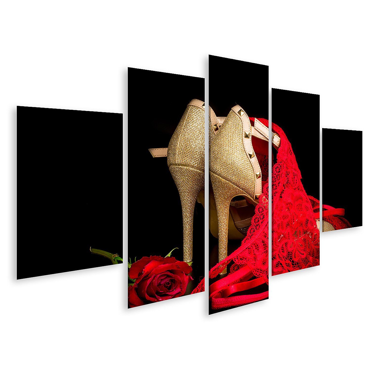 islandburner Leinwandbild Bild auf Leinwand Goldene Schuhe Schwarzer Hintergrund Rote Rose Rote