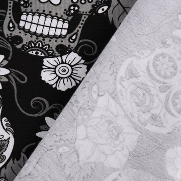 SCHÖNER LEBEN. Stoff Baumwolljersey Jersey Totenköpfe Blumen schwarz weiß grau 1,45m