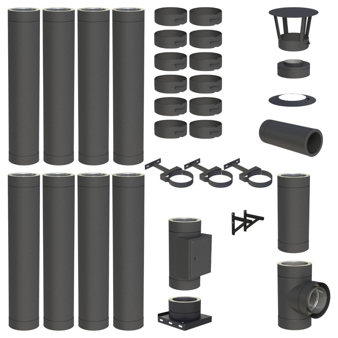 Jeremias Schornstein 9 m EdelstahlSchornstein Ø130mm Komplettset DW DW-Black Wandmontage, Ø 130 mm