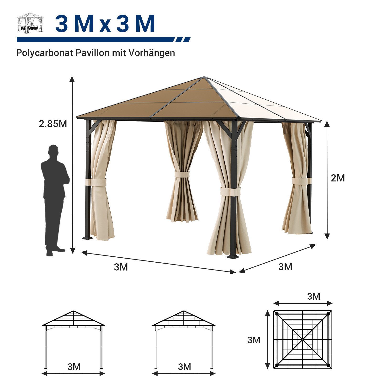 UDPATIO Pavillon Polycarbonat mit Vorhängen wasserdicht günstig online kaufen