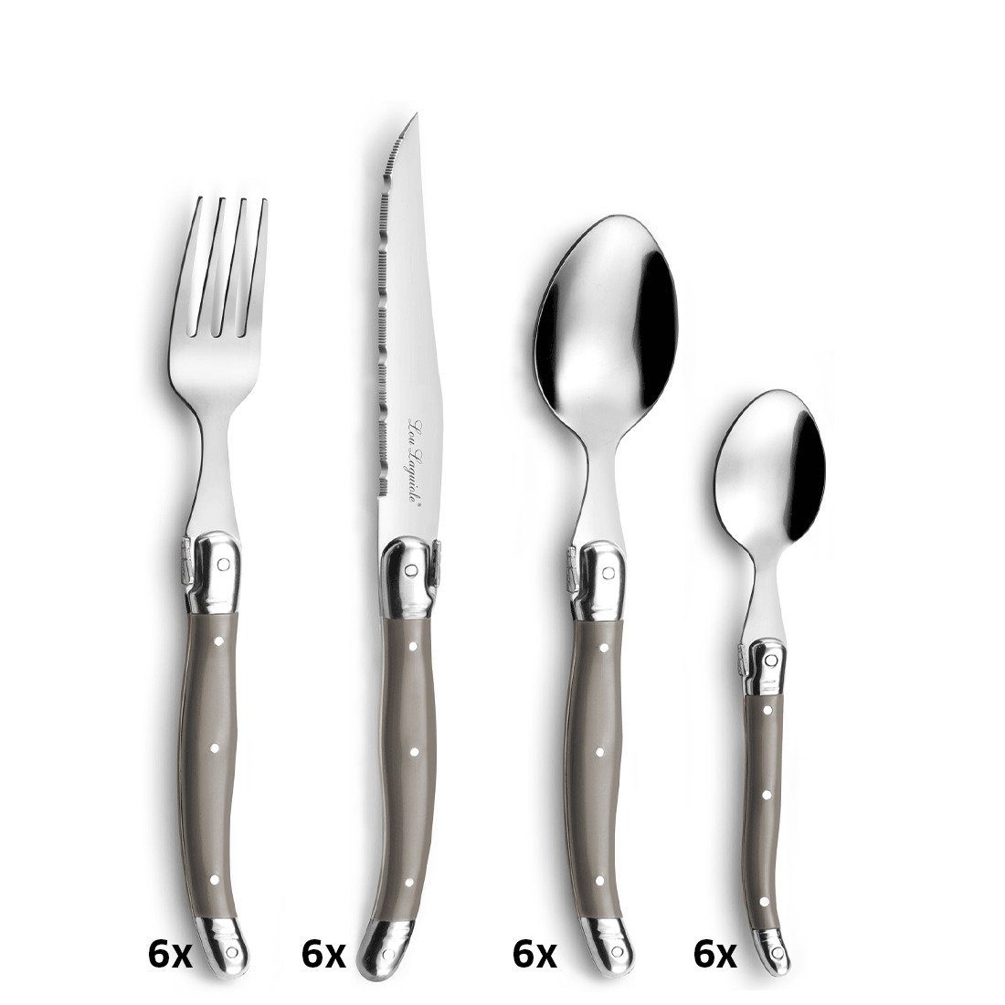 Lou Laguiole Besteck-Set TRADITION (24-tlg), 6 Personen, Edelstahl Rostfrei 18/0, spülmaschinenfest, mit taupe, hochglanzpoliert