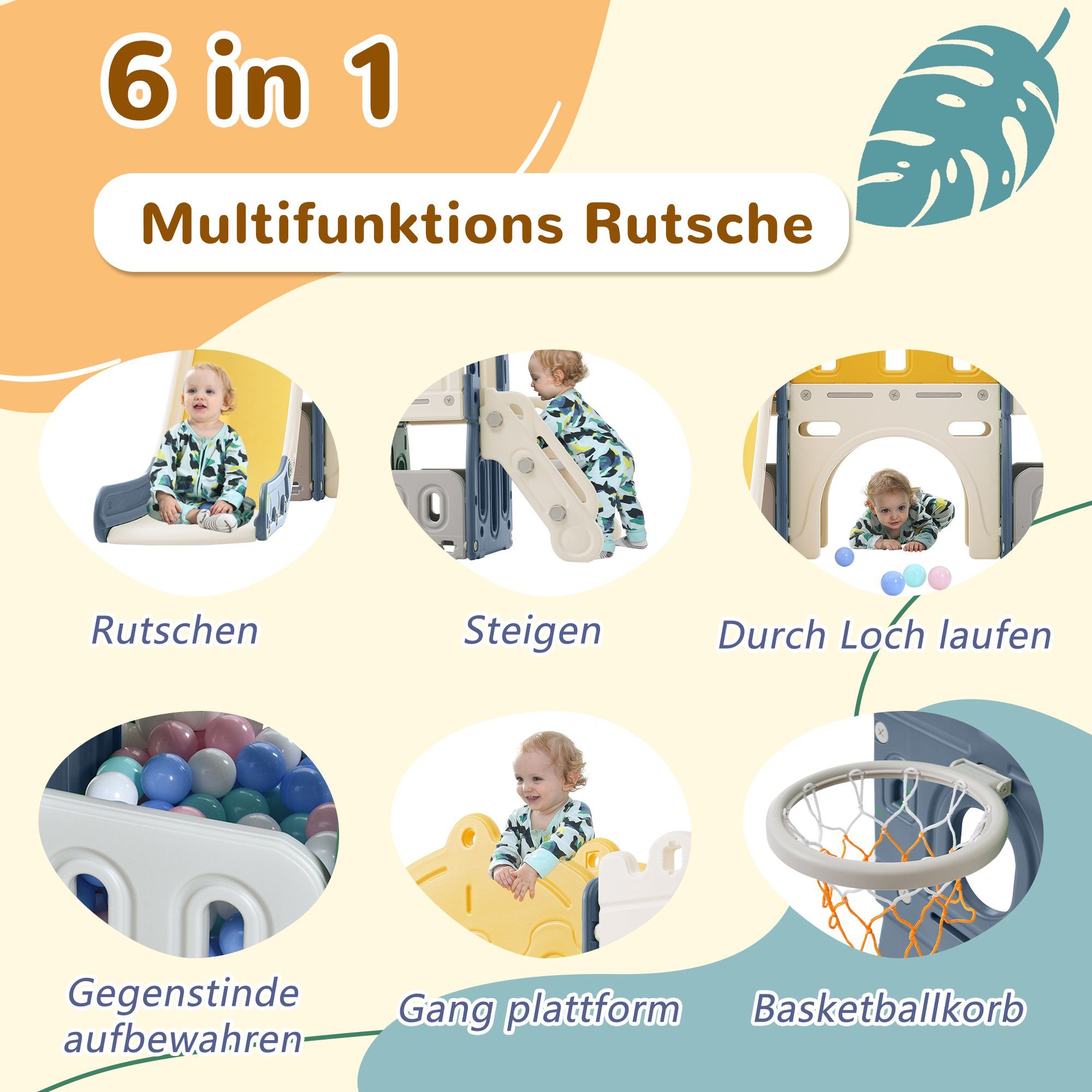 Merax Rutsche für Kinder, 6-in-1 Kinder Spielplatz, Spielrutsche, Spielturm, mit Kletterleiter, Tunnel und Basketballkorb, belastbar bis 360kg