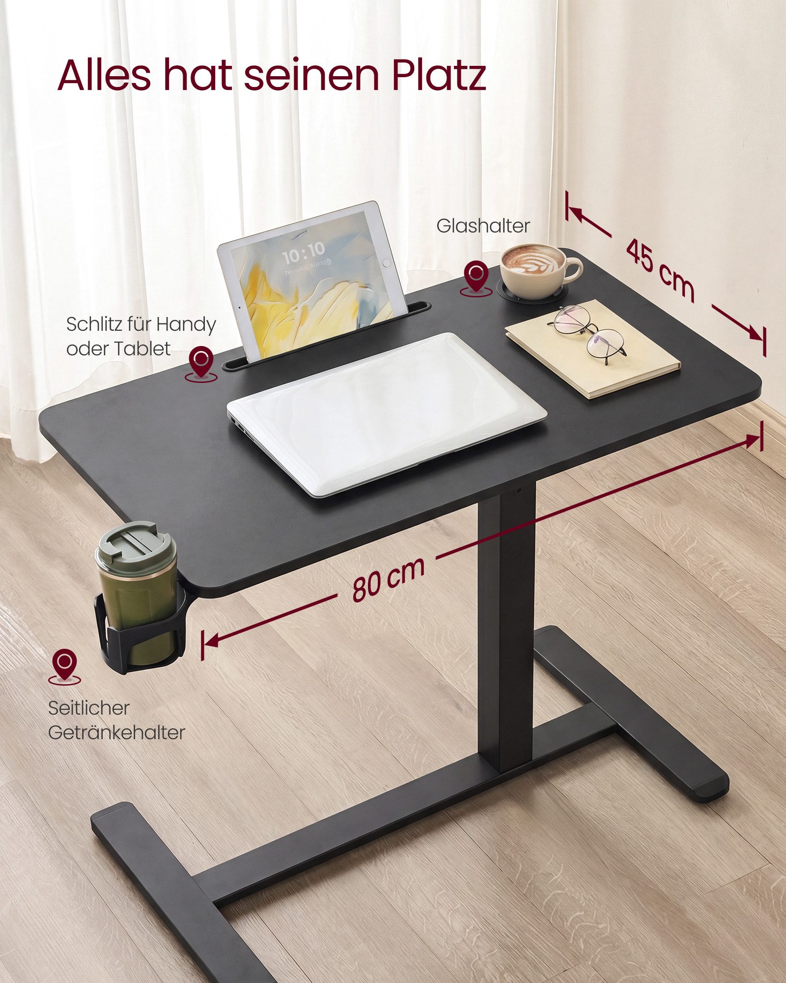 VASAGLE Schreibtisch Beistelltisch mit Rollen, mobiler Stehtisch, 80 x 45 cm große Tischplatte, mit Rollen, 2 Getränkehalter, Schlitz – Bild 4 von 5
