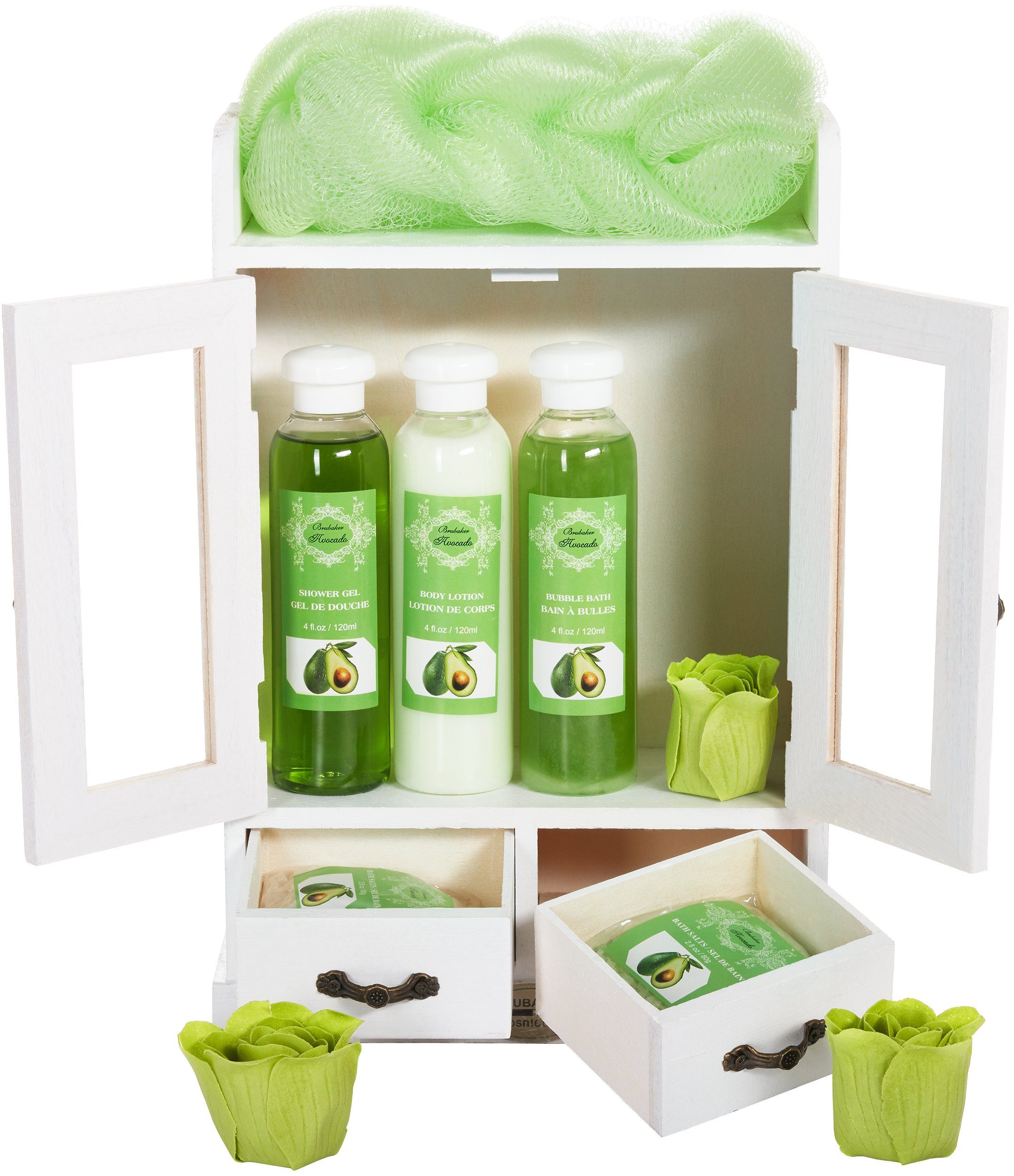 BRUBAKER Hautreinigungs-Set Bade- und Dusch Set, Badeset mit Avocado Duft, Pflegeset, 10-tlg., Damen Geschenkset im Vintage-Schränkchen, reinigend und pflegend