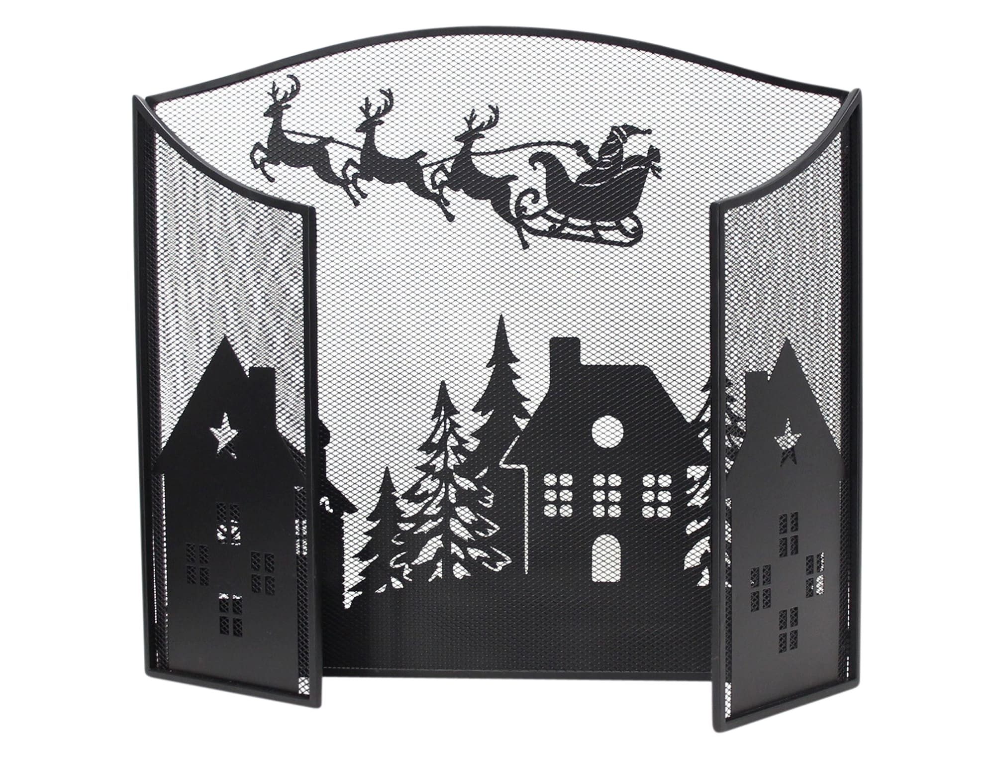Dekoleidenschaft Funkenschutzgitter "Weihnachten" 3 tlg. Metall Funkenschutz schwarz mit Weihnachts-Motiv, Kaminschutzgitter freistehend, Gitter gegen Funkenflug