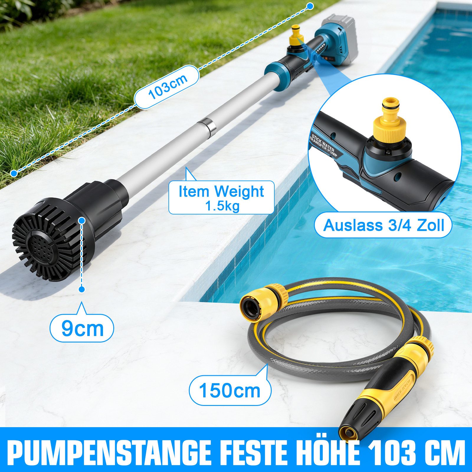 XERSEK Regenfasspumpe 3000L/h Wasserpumpe mit Gartensprühdüse Kabellose Stab-Transferpumpe (Kompatibel für Makita 18V Akku (Ohne Akku), für Pool/Garten/Teich/Wohnmobil/Boot