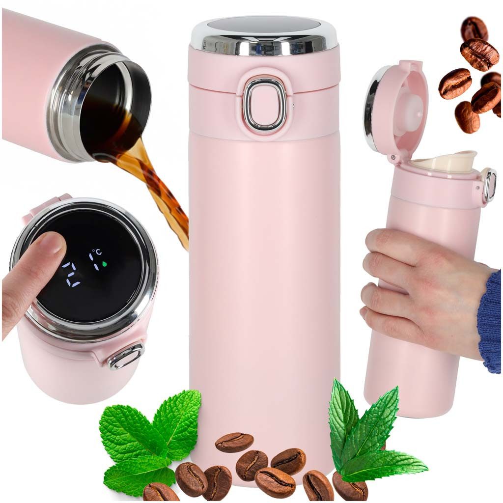 Ikonka Isolierflasche Thermal Mug LED Thermobecher Temperaturanzeige 420ml pink Edelstahl, LED Temperaturanzeige, doppelwandige Isolierung, Klickverschluss