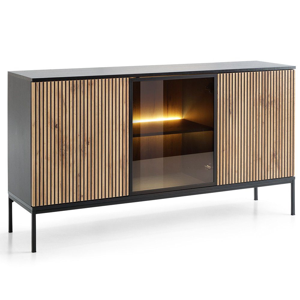 Lomadox Sideboard SIBARI-160, Sideboard in schwarz mit Wotan Eiche Nb., grifflos B/H/T 154/83/39 cm
