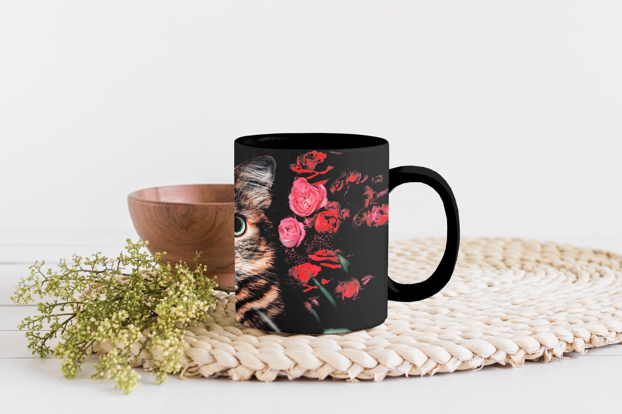 - Tasse Kaffeetassen, MuchoWow Blumen - Geschenk - Botanisch, Zaubertasse, Farbwechsel, Blätter Keramik, Katze Teetasse,