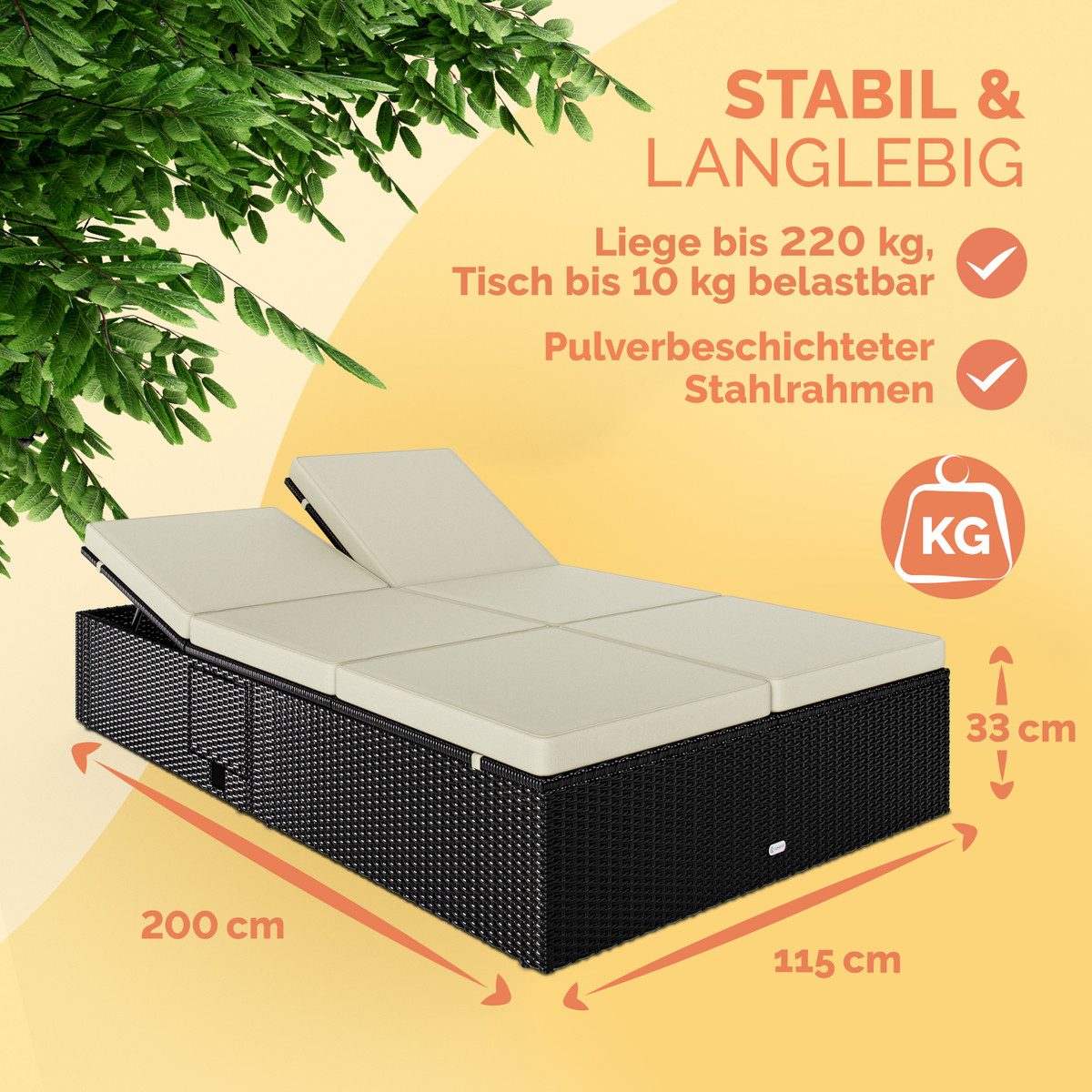 Casaria Gartenliege, Doppelliege Klapptisch Wetterfest 7-fach Höhenverstellbar Liegestuhl