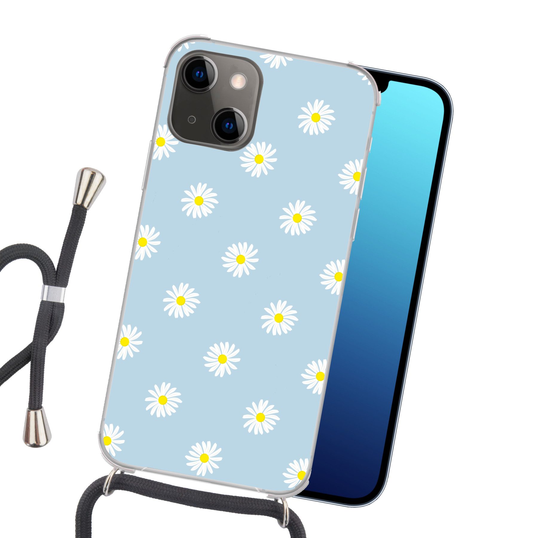 MuchoWow Handyhülle für Apple iPhone 13 Gänseblümchen - Pastell - Weiß - Blau - Blumen, Tragbare Handyhüllen mit Kette zum umhängen, Handykette Handyband