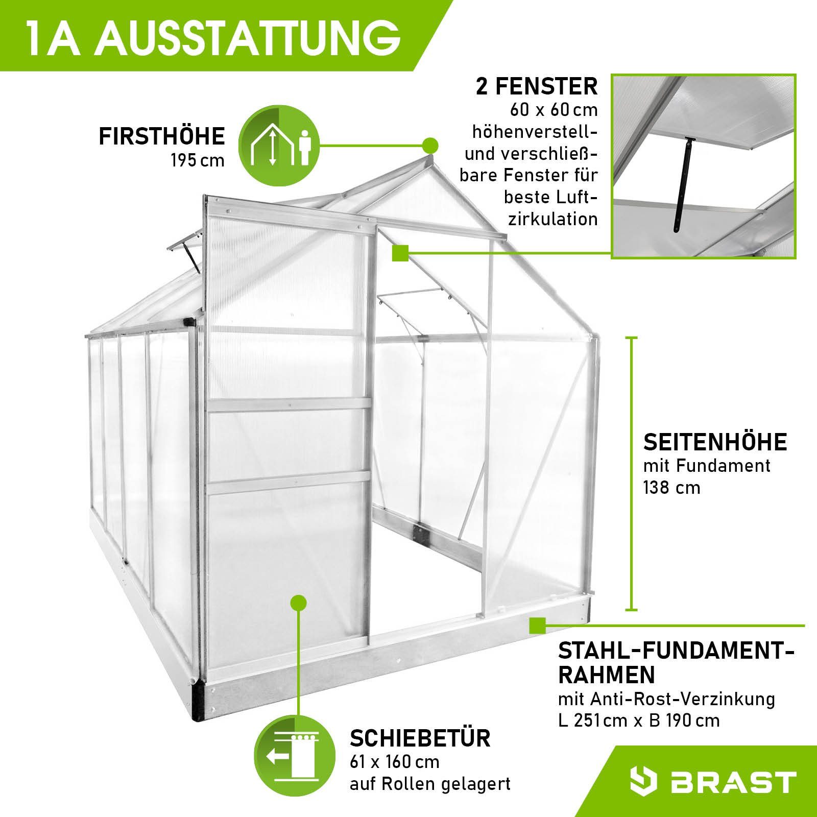 BRAST Gewächshaus ALU mit Fundament rostfrei 250x190x195cm TÜV geprüft