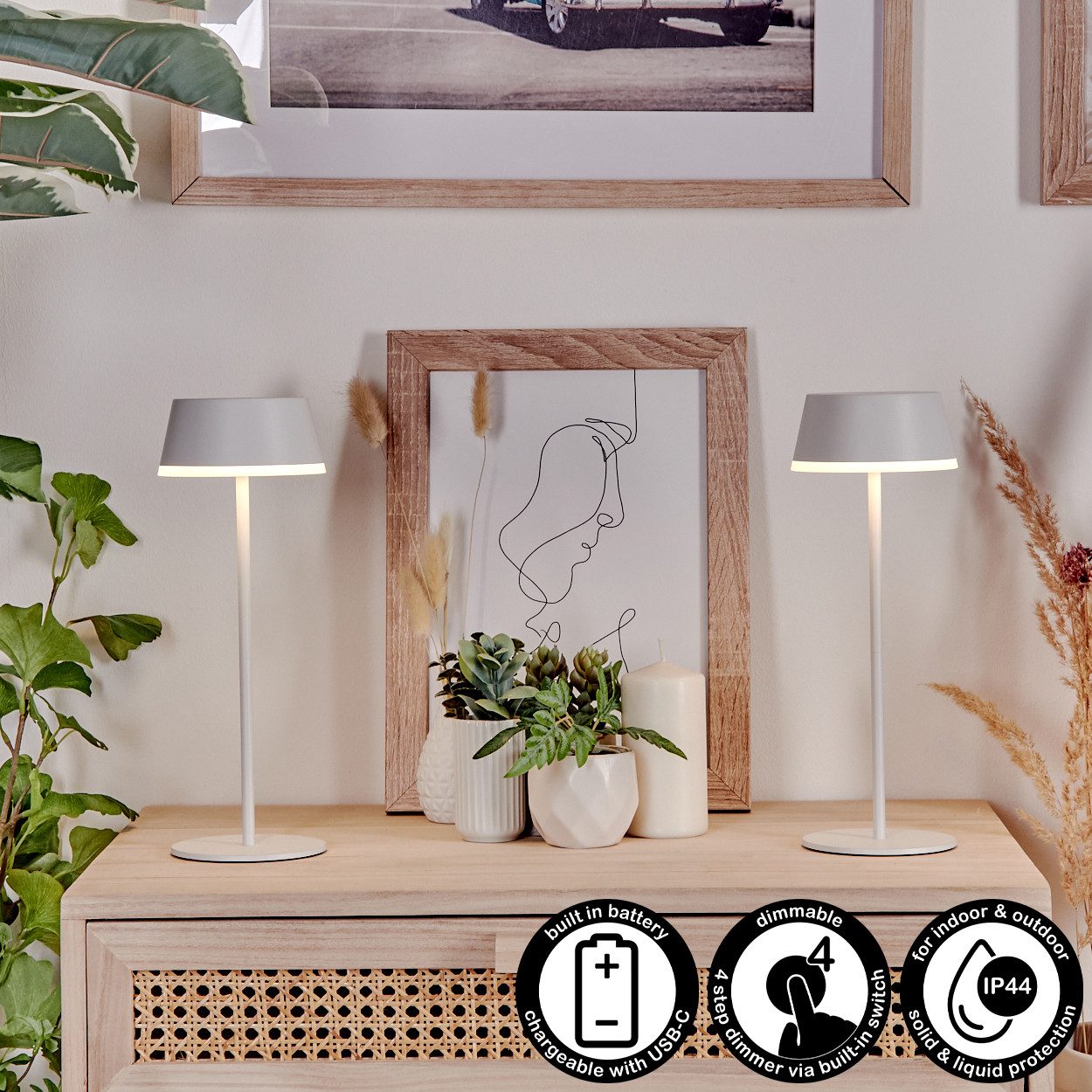 hofstein Tischleuchte 2er Set Tischlampen dimmbar aus Metall/Kunststoff in Weiß, ohne Leuchtmittel, Tischleuchten Innen und Außen mit Touchdimmer, USB-C, Akku, IP44