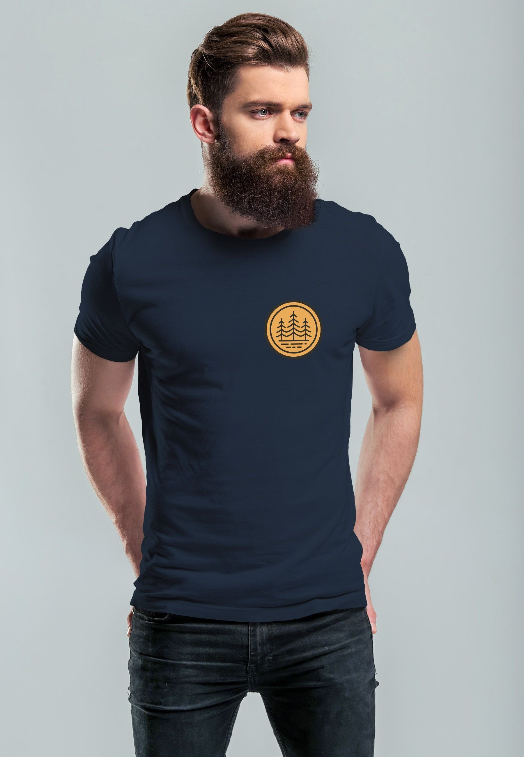 Neverless Print-Shirt Naturliebhaber Outdoor St Badge T-Shirt Print Herren Logo mit Bäume Wald navy Fashion