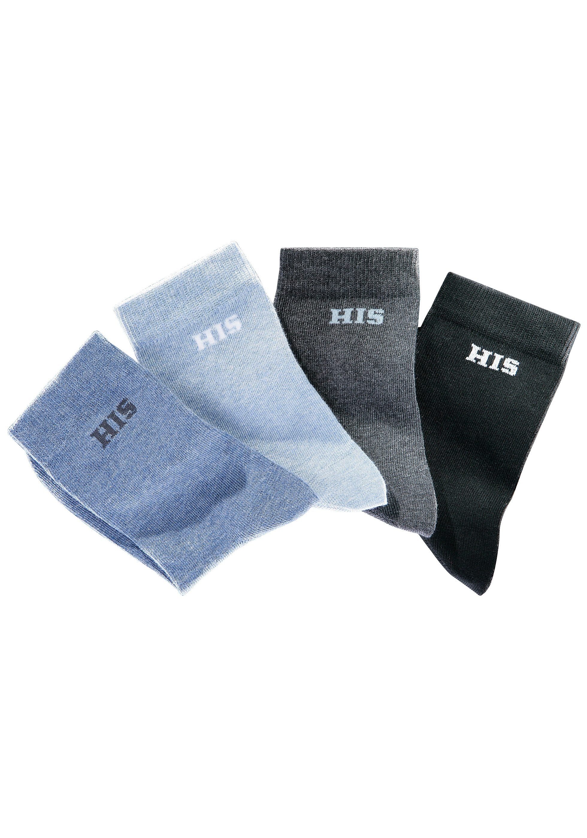 H.I.S Basicsocken Damen Herren Ringel und uni Socken (Packung, 4-Paar, Gr. 35-38 bis 43-46) mit eingestricktem Markenlogo – Bild 2 von 5