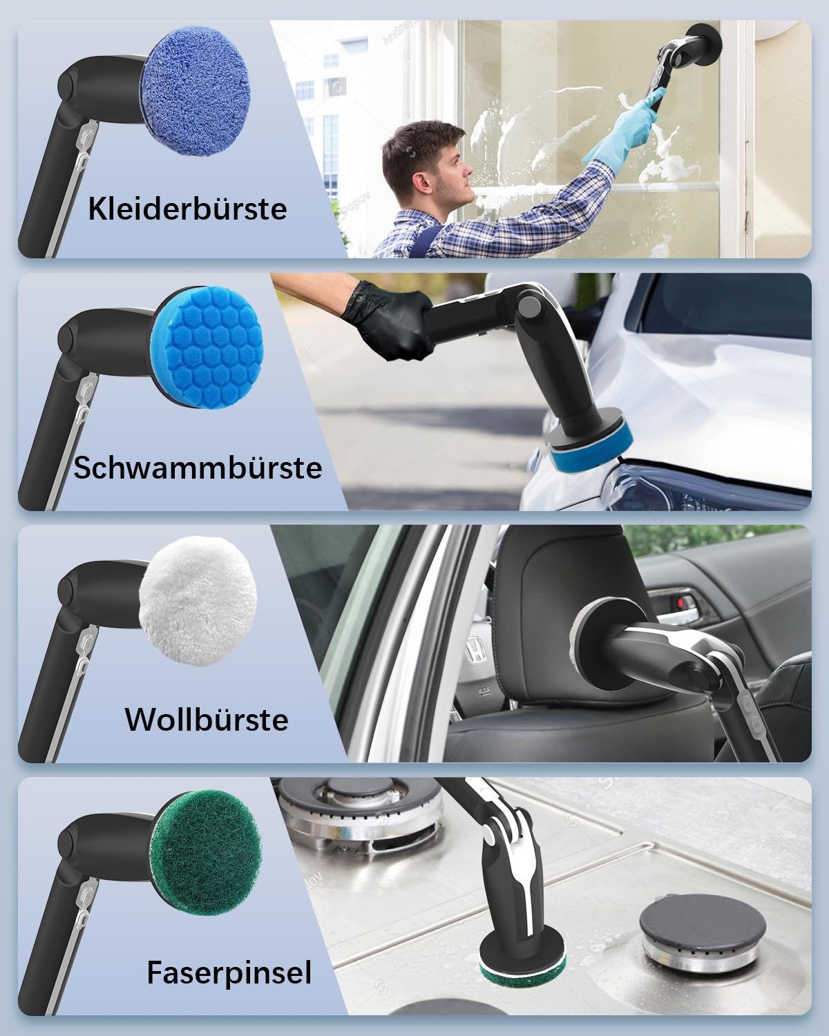 AIBISTAR Elektro-Oberflächenbürste Elektrische Reinigungsbürste, 8 Aufsätze, 2 Geschwindigkeiten, LED-Farbanzeige für Akkustand, 4 verstellbare Winkel (90°–180) – Bild 5 von 5